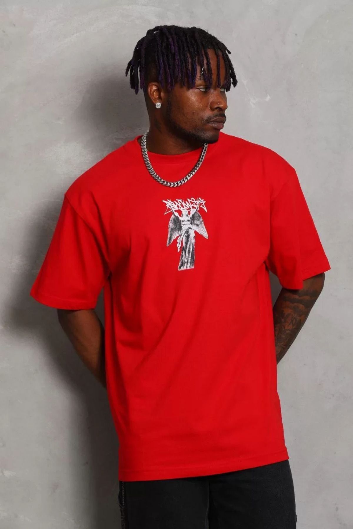 FantaziAtölyesi Unisex Oversize Baskılı Bisiklet Yaka T-Shirt - Kırmızı