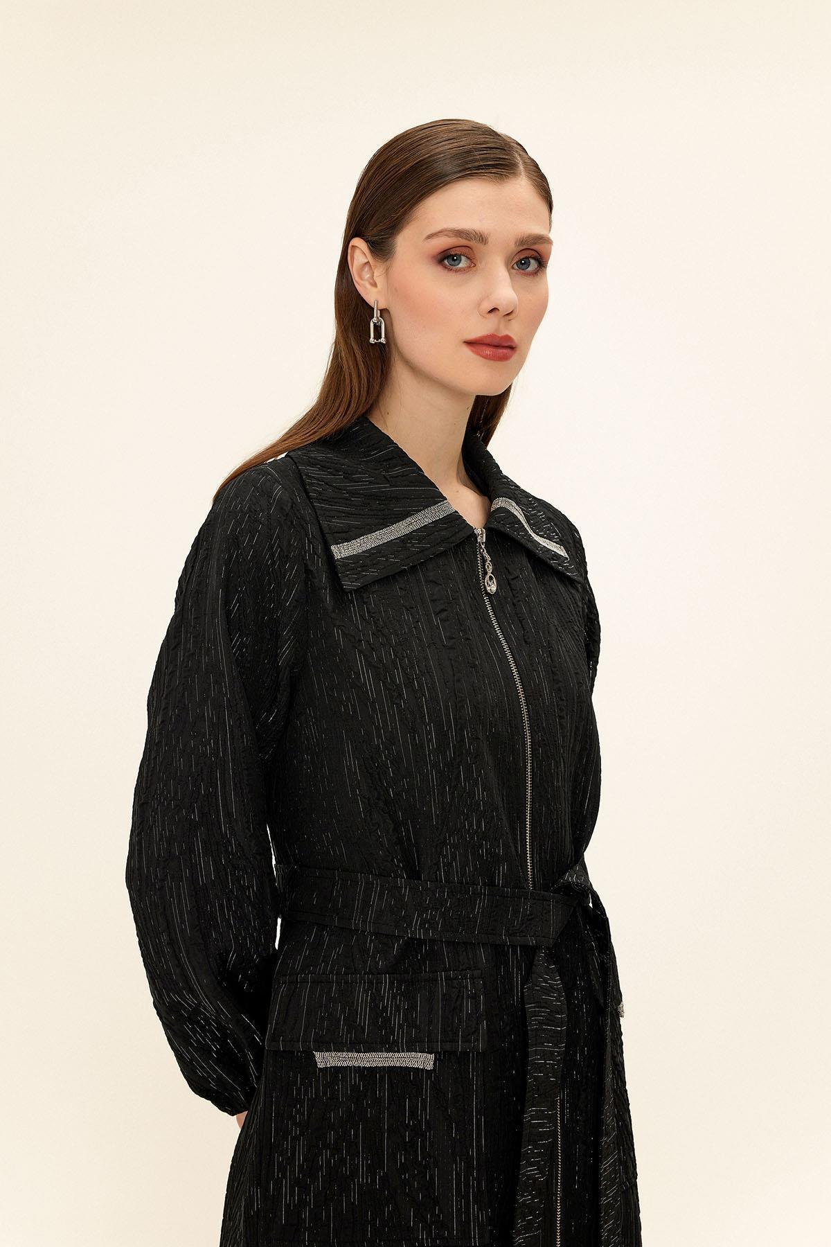 Olcay-Gefütterte Glitzer-Jacquard-Mütze mit Reißverschluss und Steinkettendetail SCHWARZ 6726 4