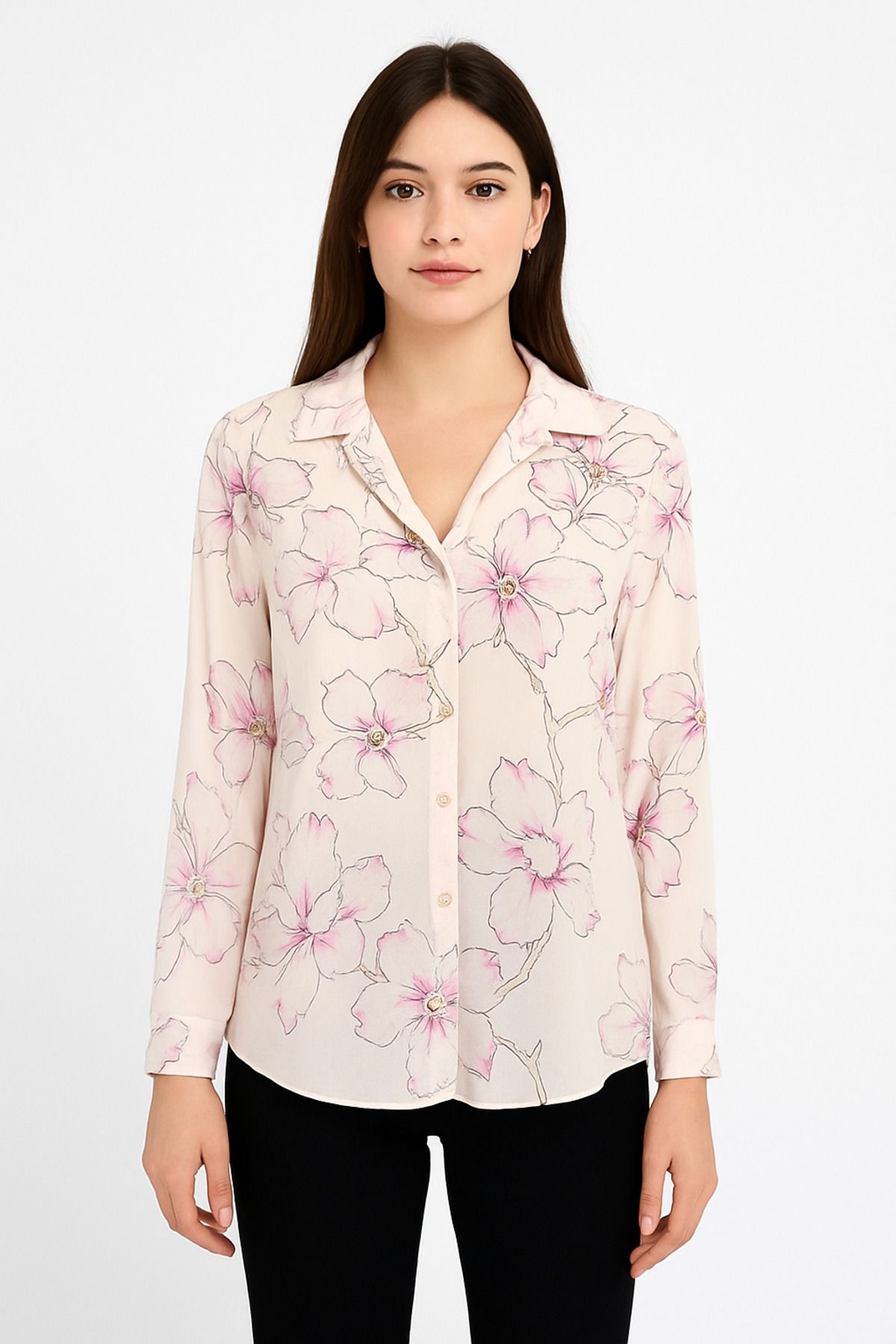 Dyg Butik Pembe Çiçek Desenli Saten Kadın Gömlek