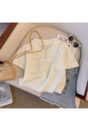 nathia outdoors Ajurlu Gümüş Düğme Detaylı Triko Kadın Tshirt