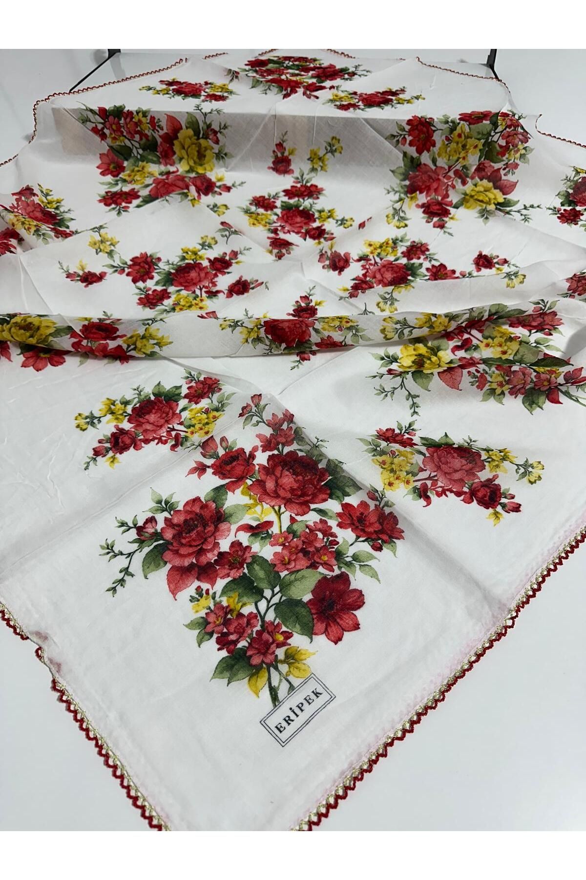 Eripek Oyalı Pamuk Tülbent- 05096 95 X 95 Kırmızı - Beyaz 7