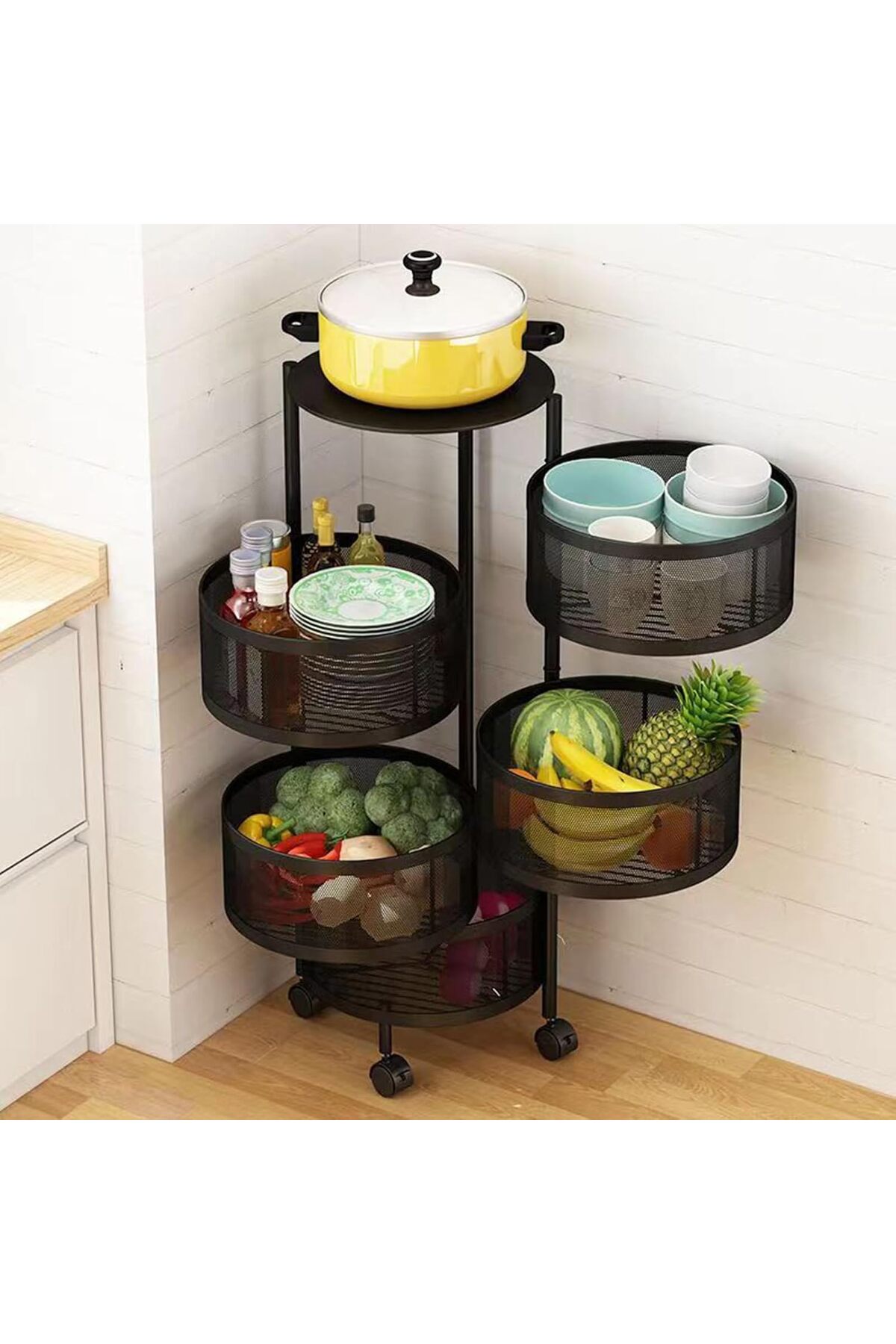 سلة تخزين بتصميم مستدير دوار مكون من 5 طبقات مع غطاء علوي تخزين للمطبخ قابل للنقل مع عجلات