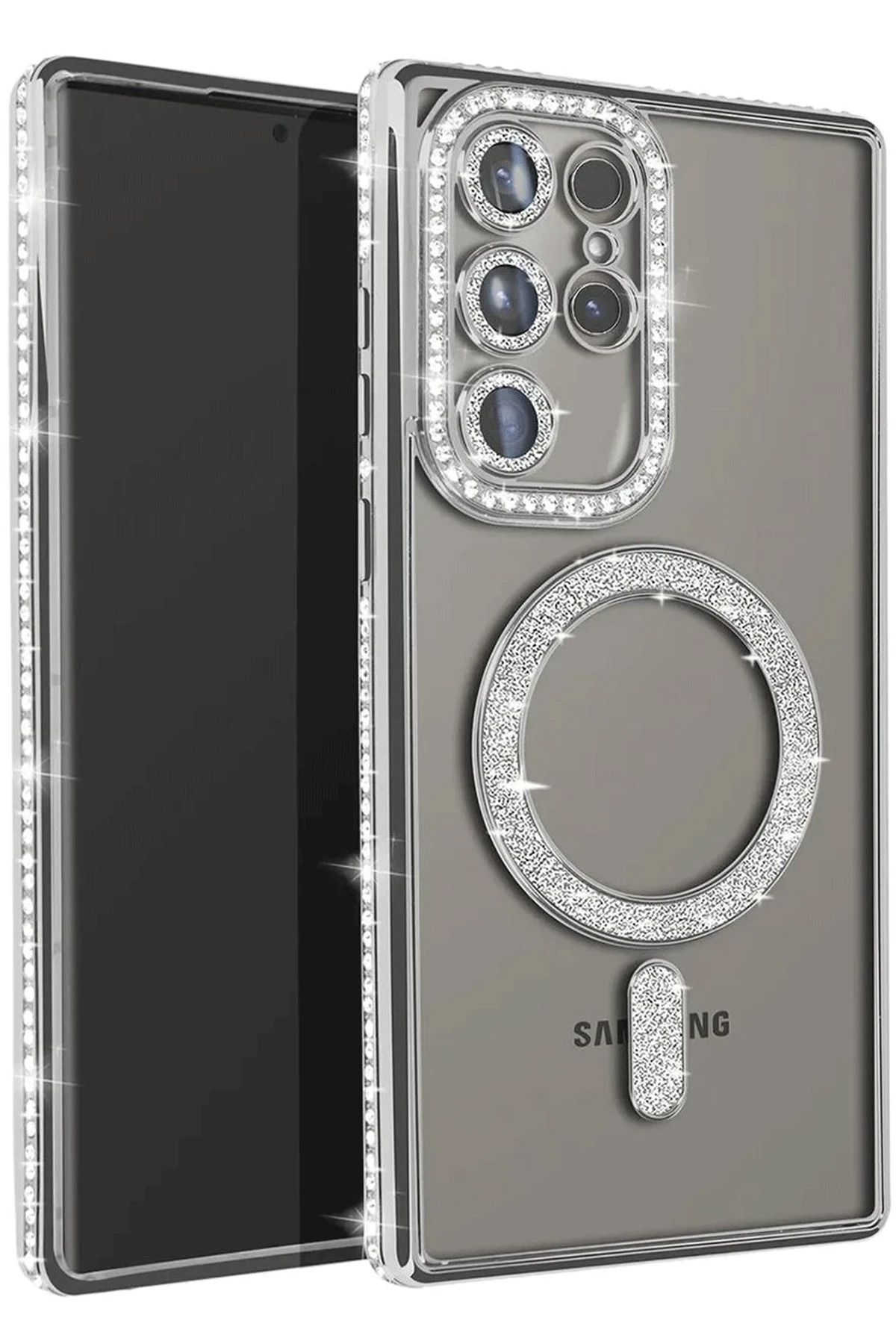 Posso Samsung Galaxy S25 Ultra Kılıf Simli Taşlı Detay Magsafe Kamera Lens Korumalı Işıltılı Silikon Case