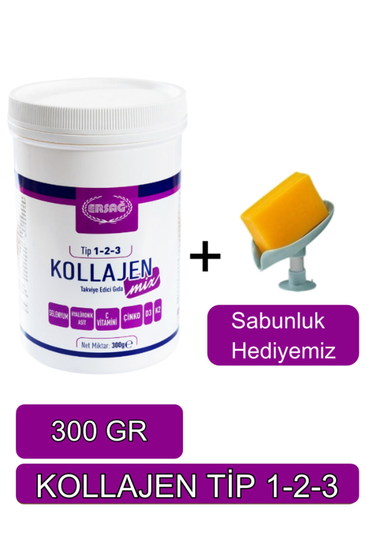 Ersağ Kollajen Mix (TİP 1-2-3) 300 gr Orijinal Helal Organik - Sabunluk Hediyemiz 2066-23