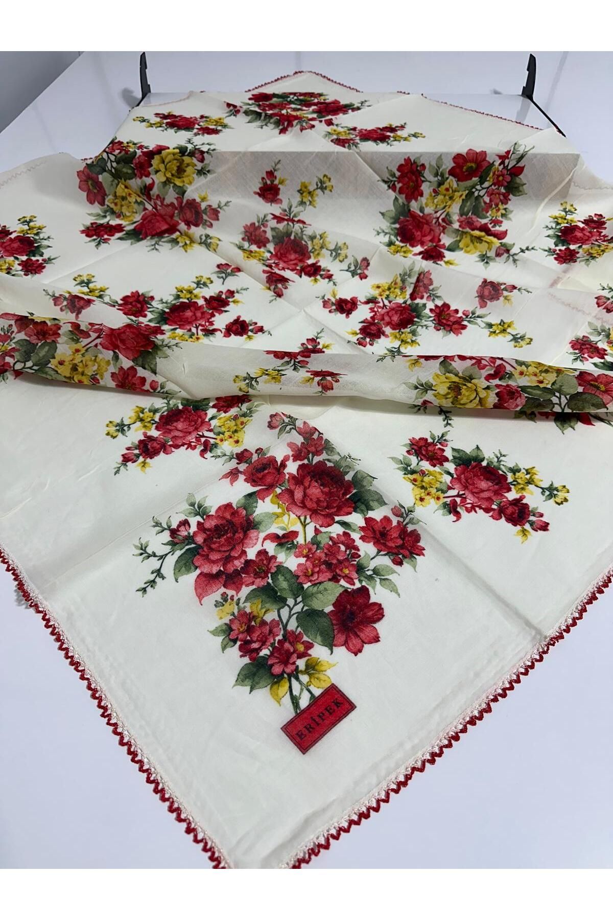 Eripek Oyalı Pamuk Tülbent- 05096 95 X 95 Krem - Kırmızı 1