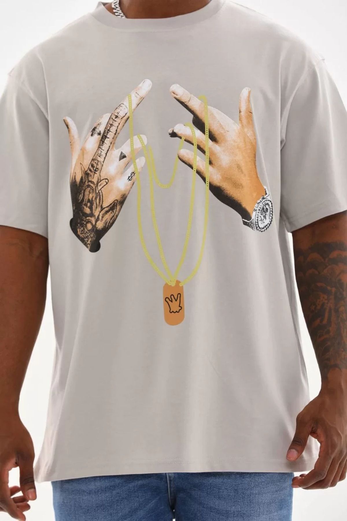 FantaziAtölyesi Unisex Baskılı Oversize T-Shirt - Gri