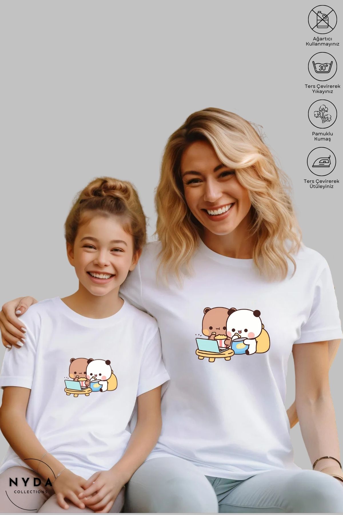 Nyda Collections Anne Baba Çocuk Kombin Bisiklet Yaka Bubu Dudu Baskılı Beyaz Kısa Kollu Tişört (Tekli satılmaktadır)