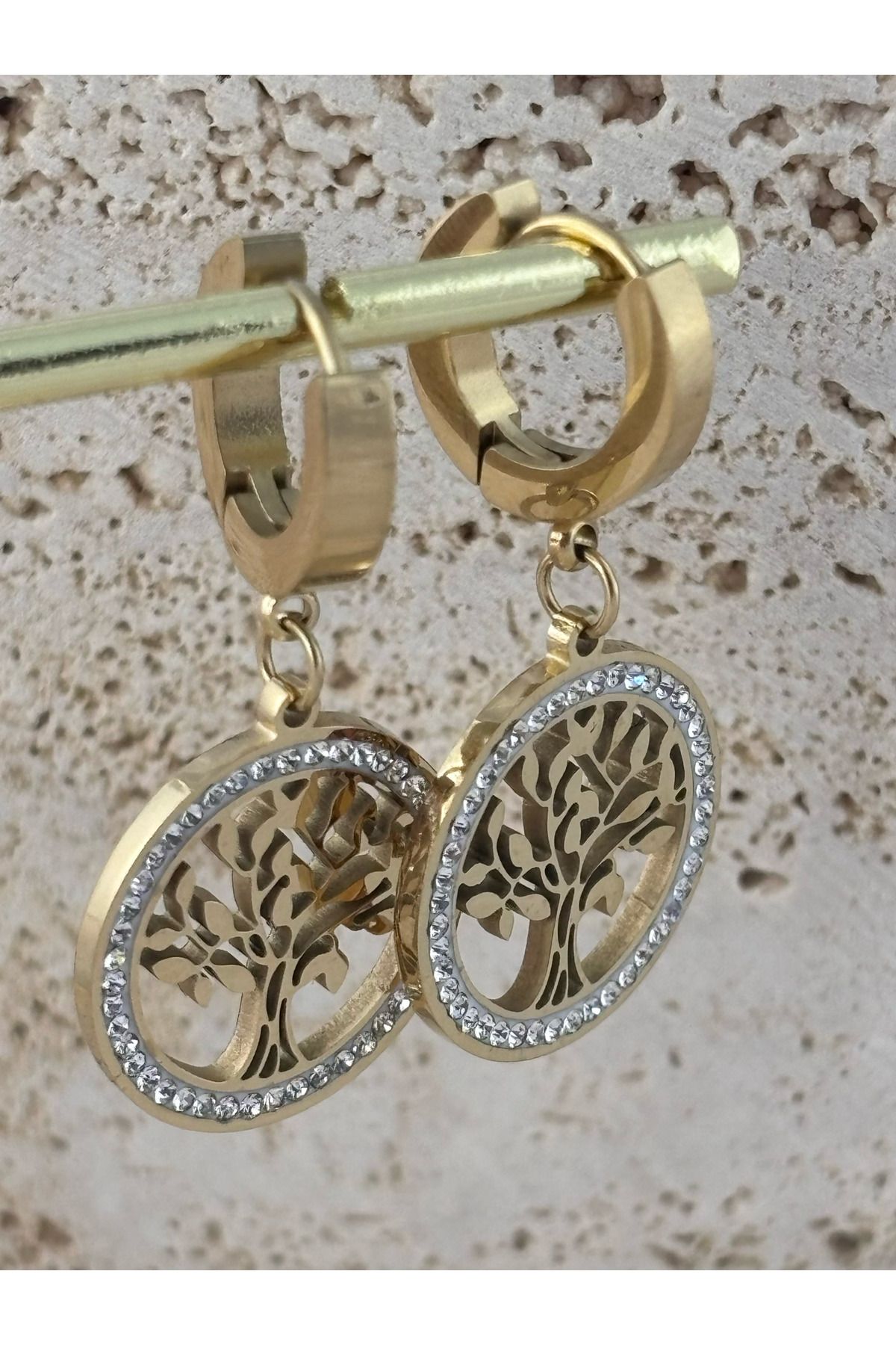 EleganceEssence Parıltılı Hayat Ağacı Halka Paslanmaz Çelik Küpe