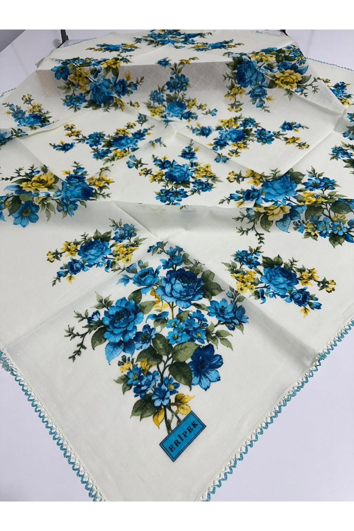 Eripek Oyalı Pamuk Tülbent- 05096 95 X 95 Krem - Mavi 2