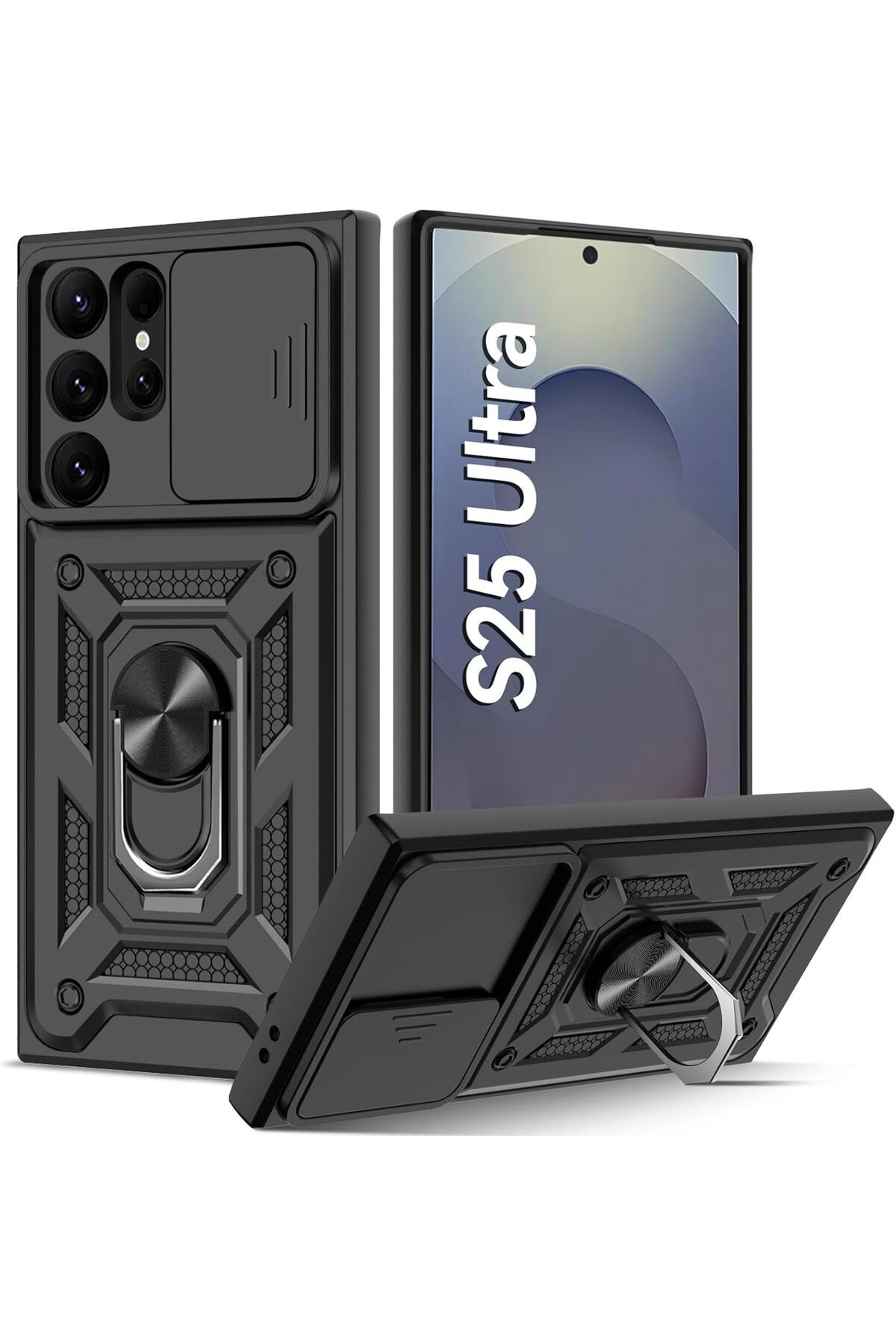 Posso Samsung Galaxy S25 Ultra Kılıf Kamera Sürgülü Koruma Zırh Tank Armor Yüzük Standlı Sert Kapak
