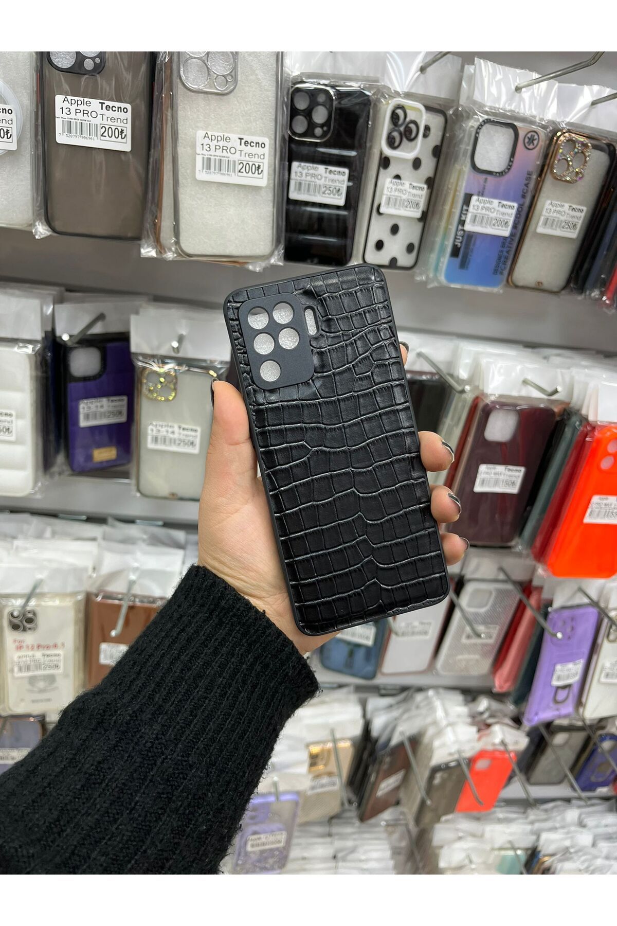 TECNOTREND OPPO A94 4G Dokulu Yüzey Çekmeye Dayanıklı Cep Telefon Kılıfı Pu Deri Kaplamalı Yumuşak
