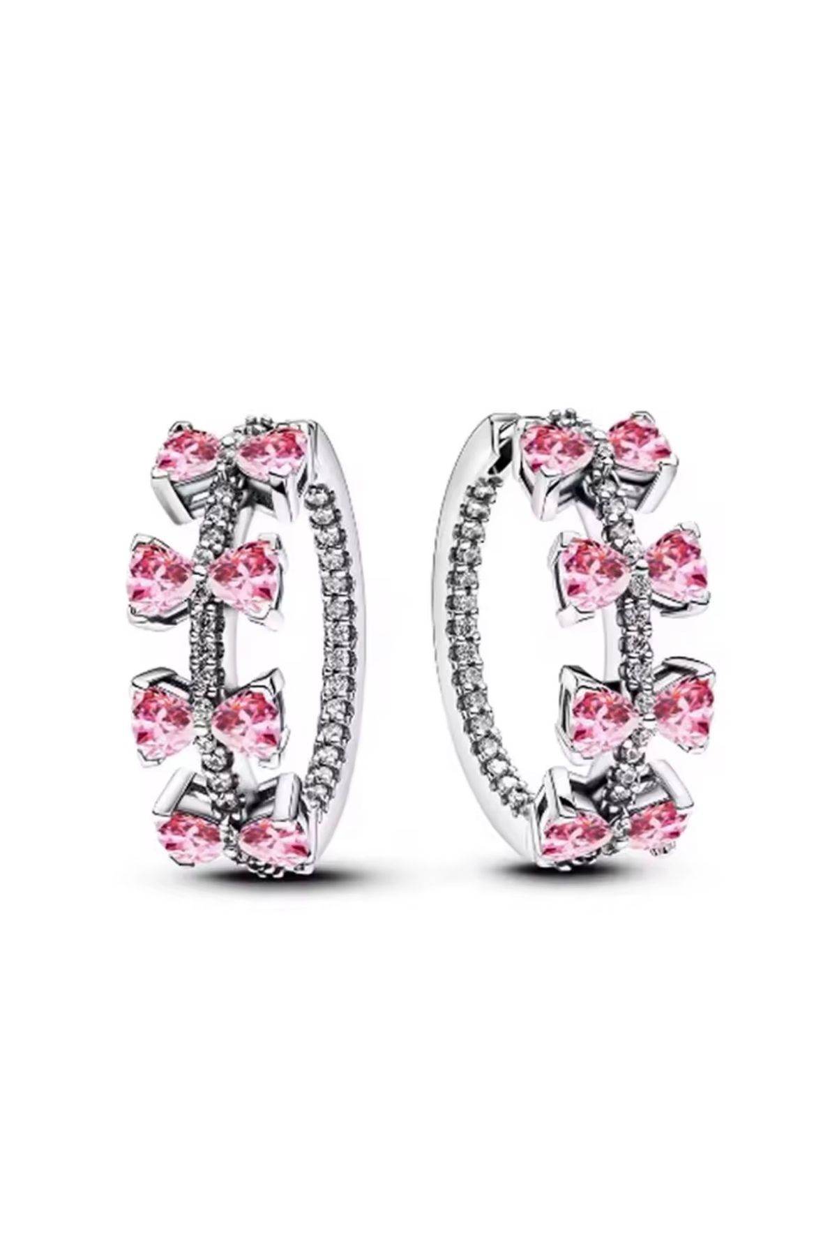POSEİDONS JEWELLERY Poseidons Jewellery Zirkon Taşlı Pembe Fiyonk Sıralı Halka 925 Ayar Küpe