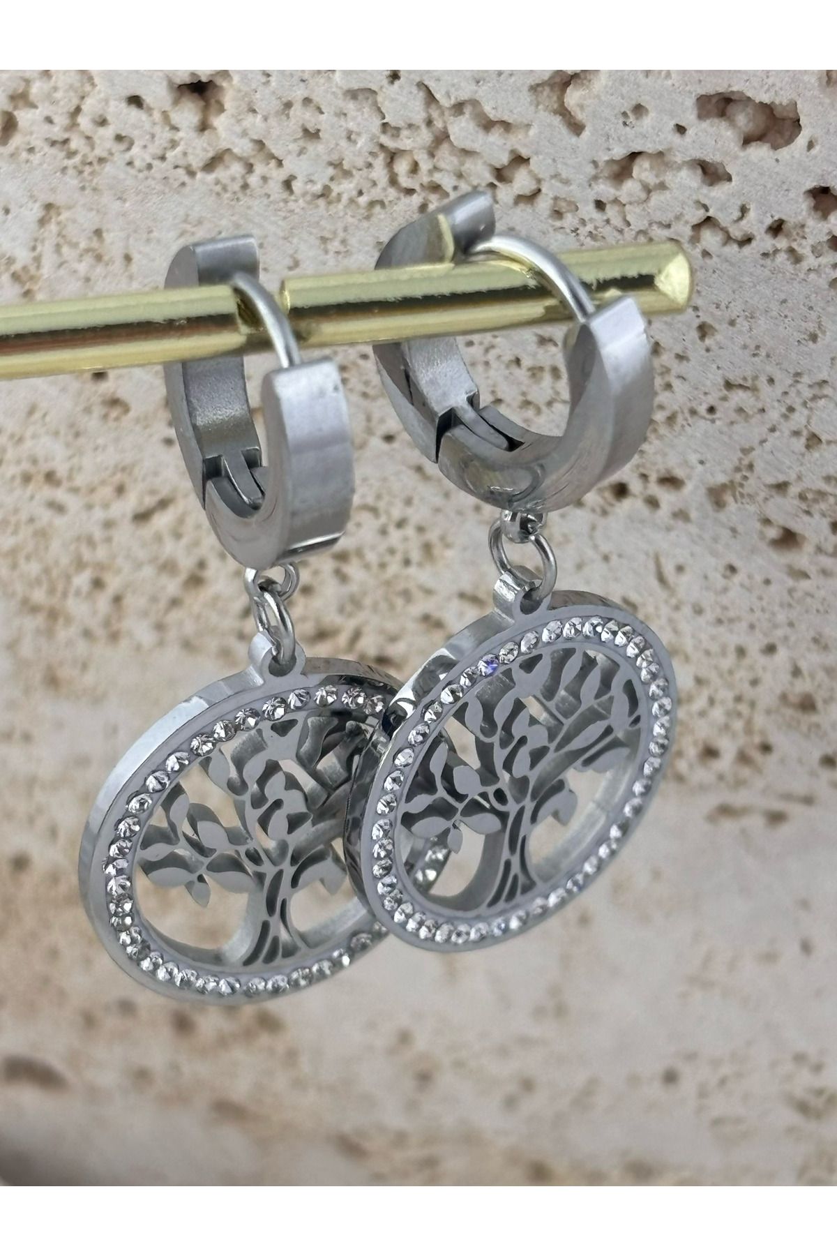 EleganceEssence Parıltılı Hayat Ağacı Halka Paslanmaz Çelik Küpe