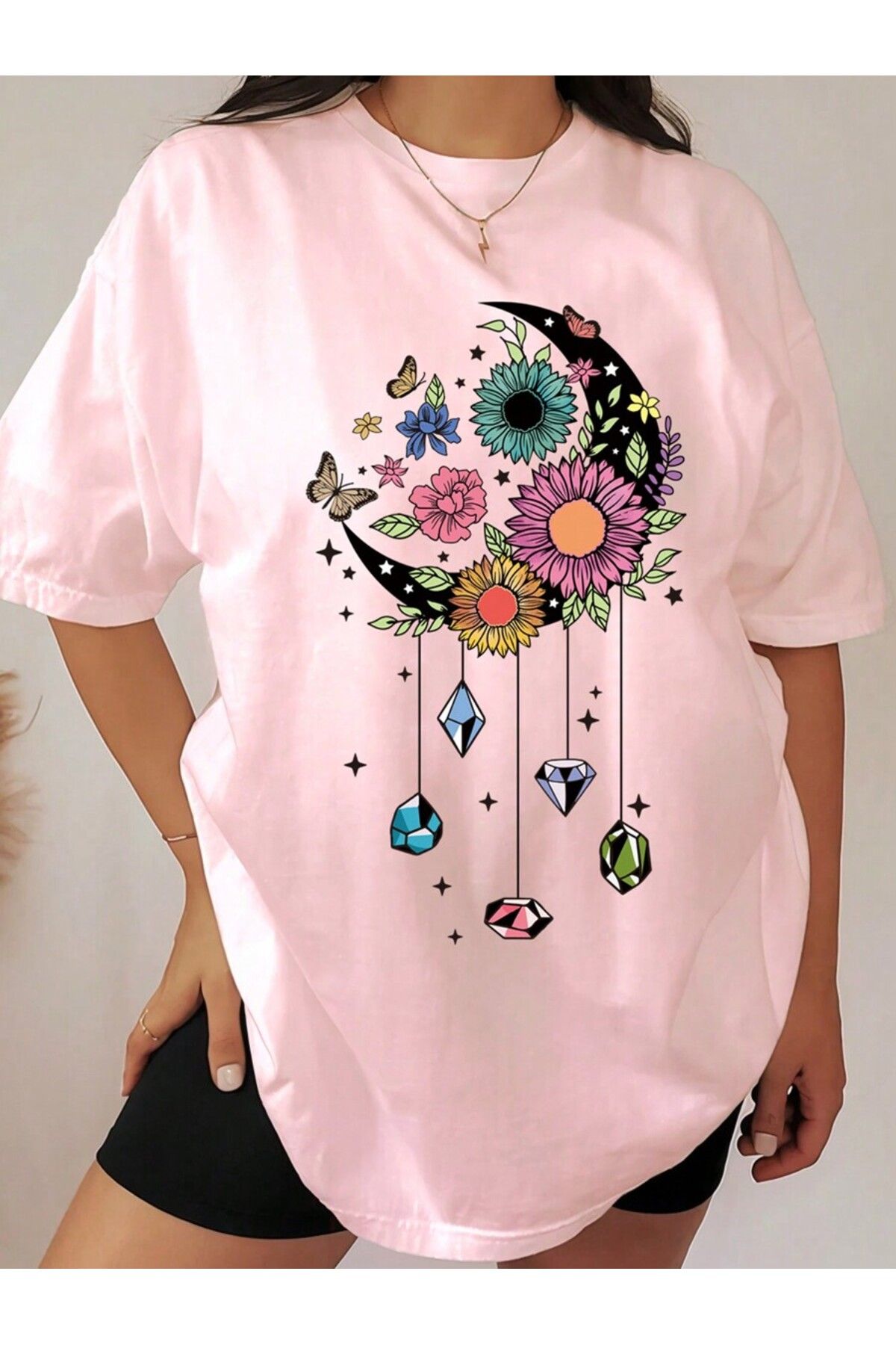 cc collection Çicek Ay Baskılı Kadın Oversize T-Shirt