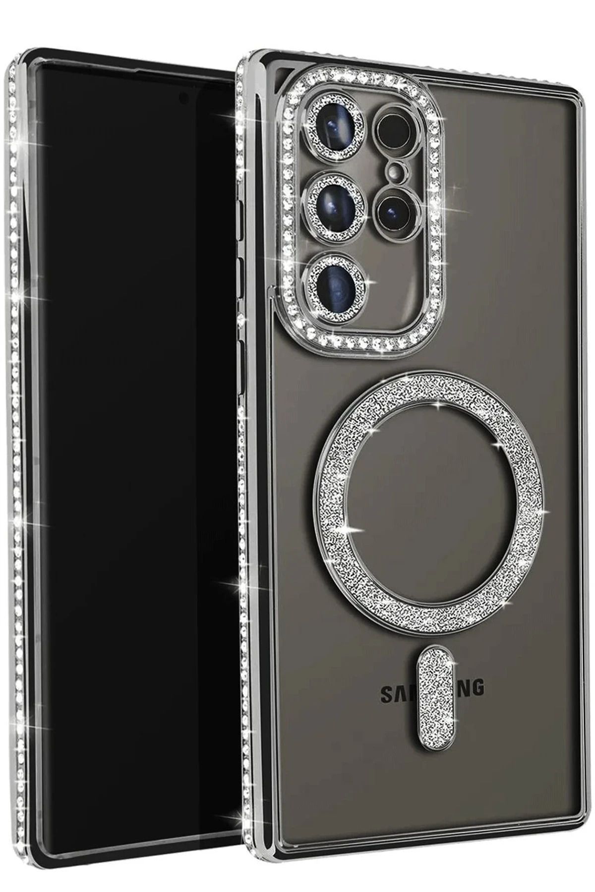 Posso Samsung Galaxy S25 Ultra Kılıf Simli Taşlı Detay Magsafe Kamera Lens Korumalı Işıltılı Silikon Case