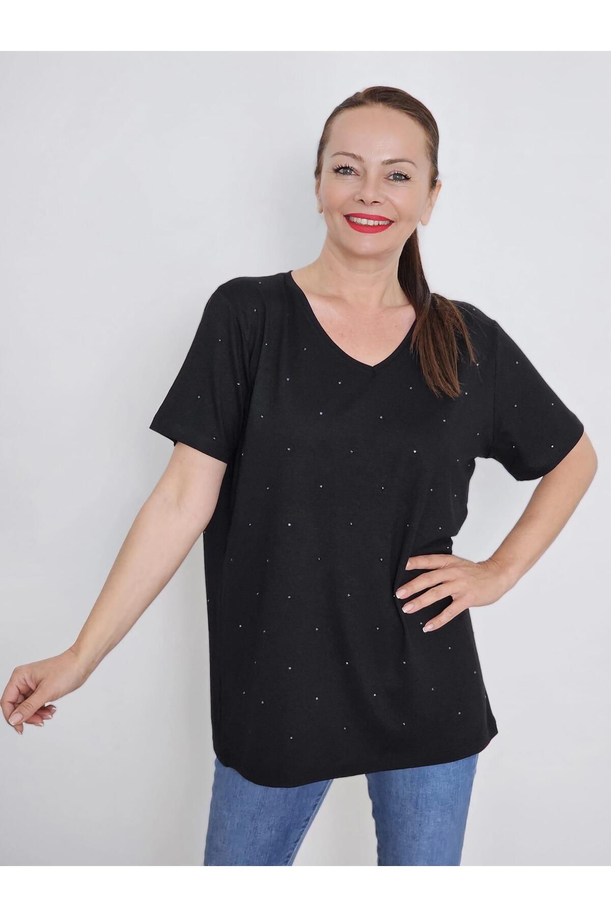 Felix Butik FELİX13581 V Yaka Serpme Taşlı Büyük Beden Siyah Viskon Penye Tişört