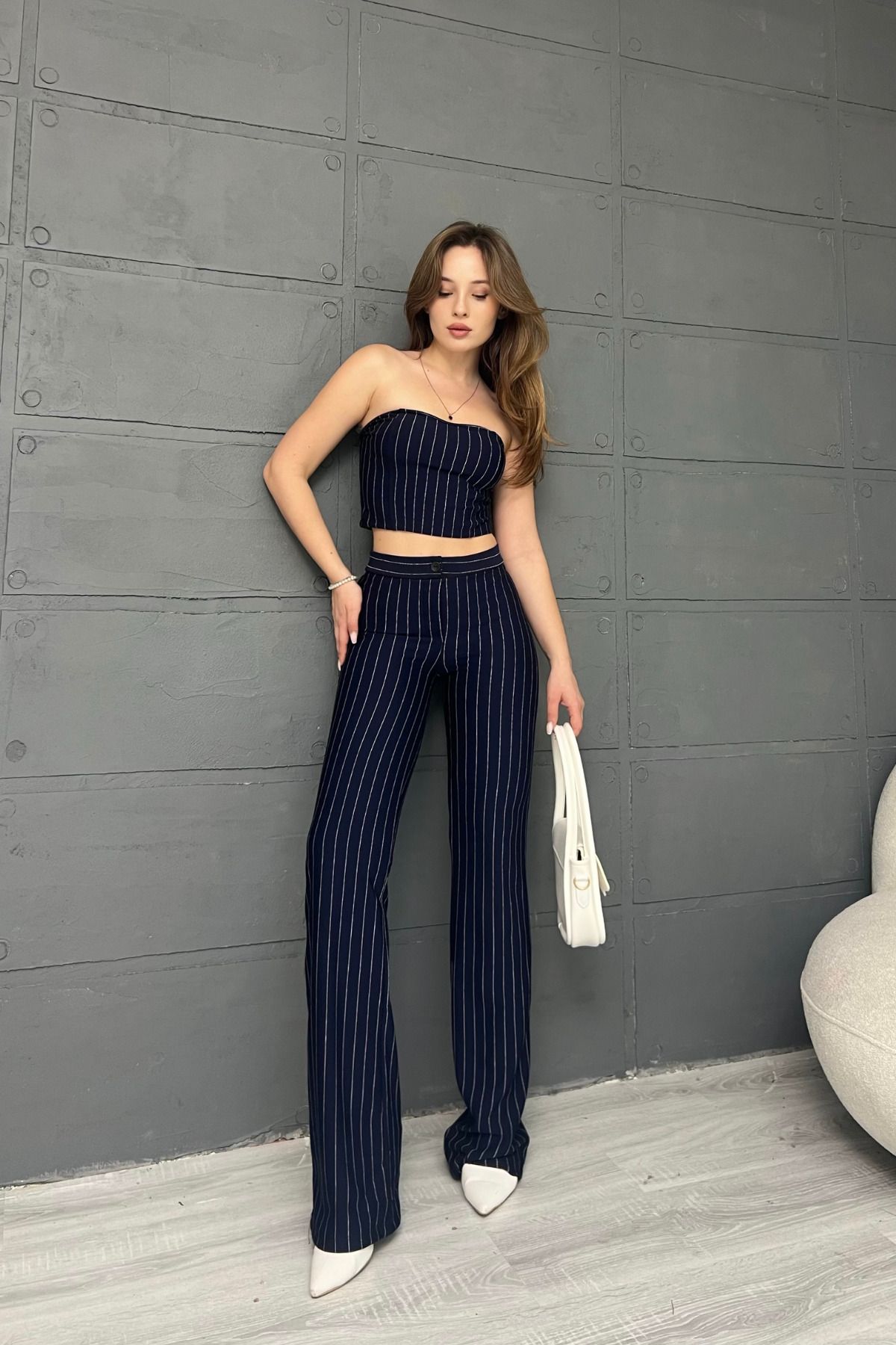 MOZENA Çizgili Straplez Crop Pantolon İkili Takım