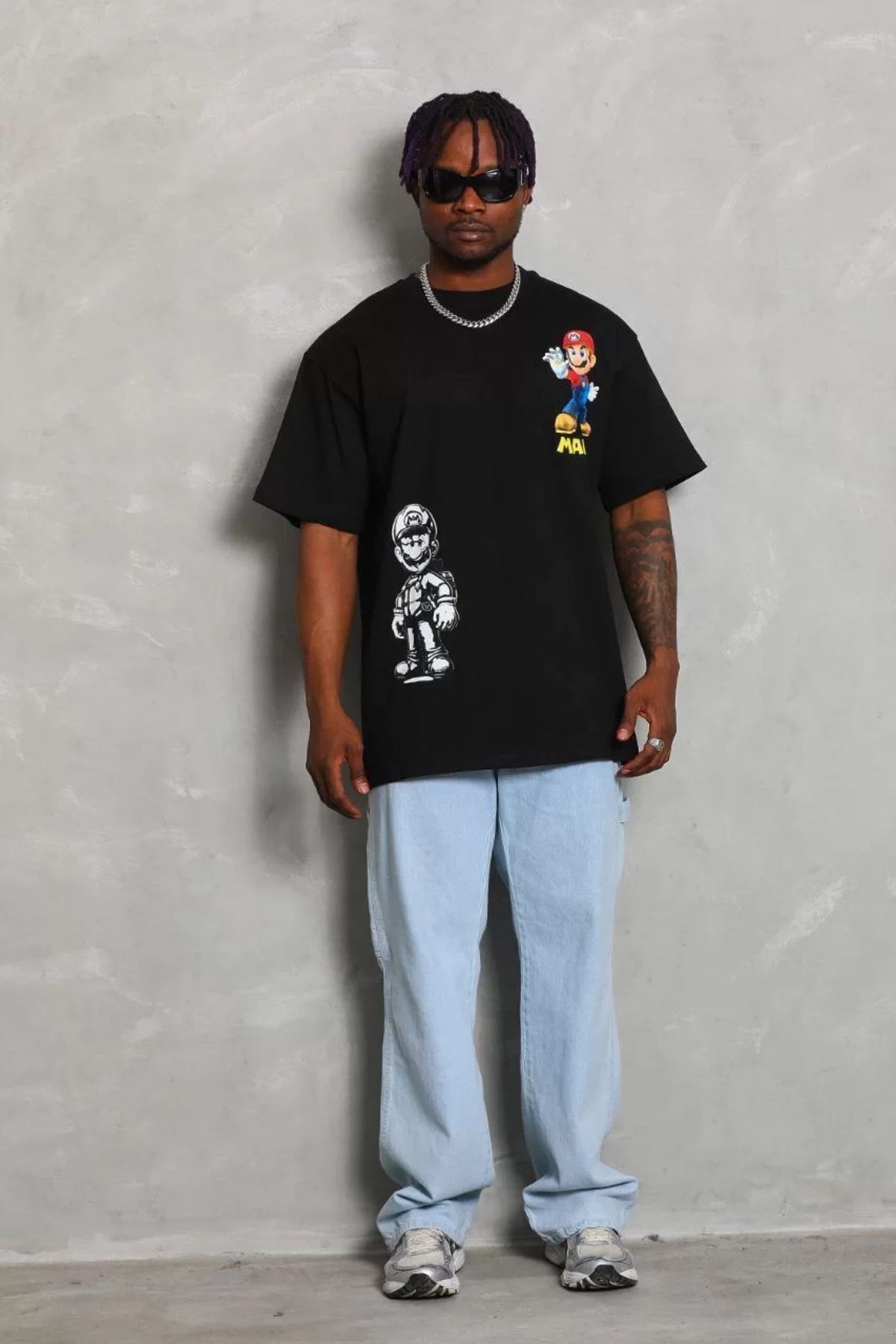 FantaziAtölyesi Unisex Oversize Baskılı Bisiklet Yaka T-Shirt - Siyah