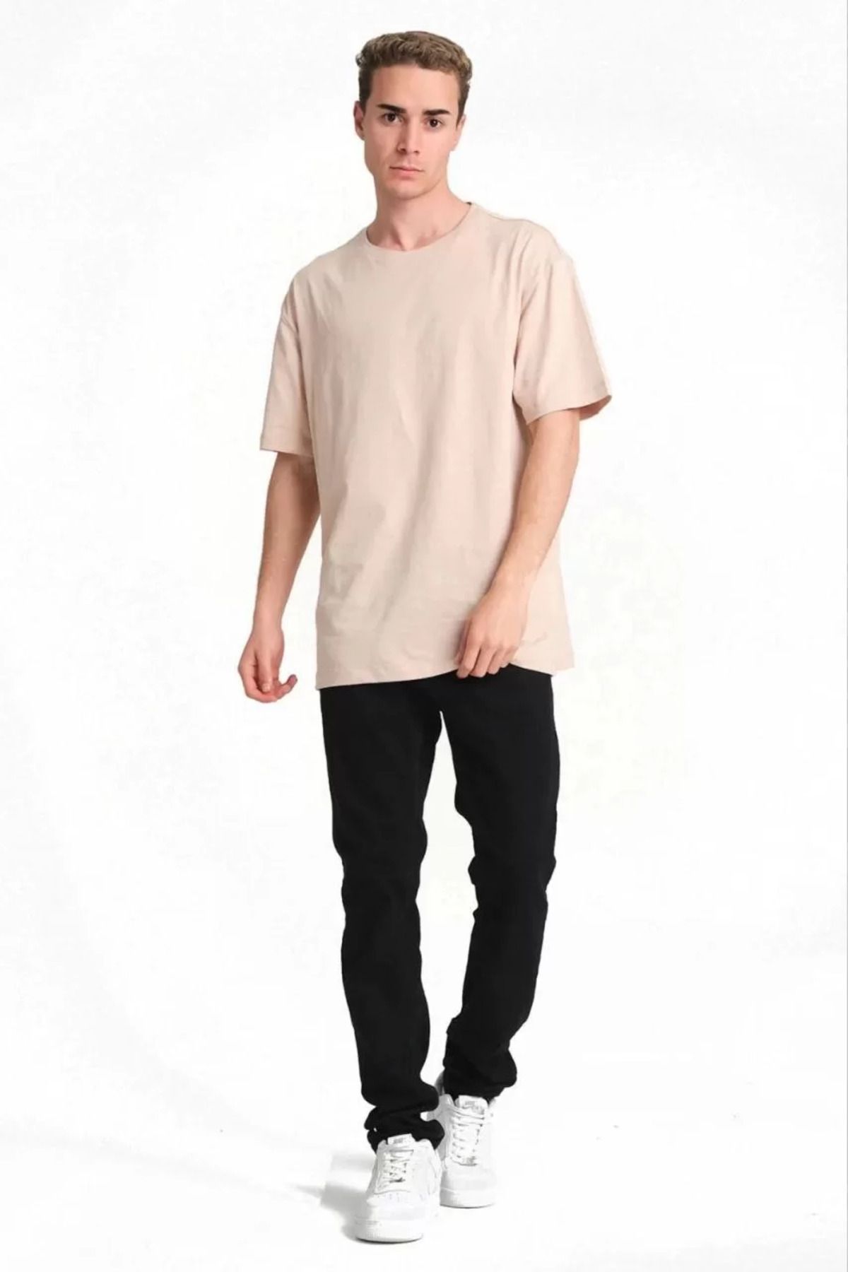 FantaziAtölyesi Erkek 24/1 Düz A Kalite Oversize T-shirt - Bej