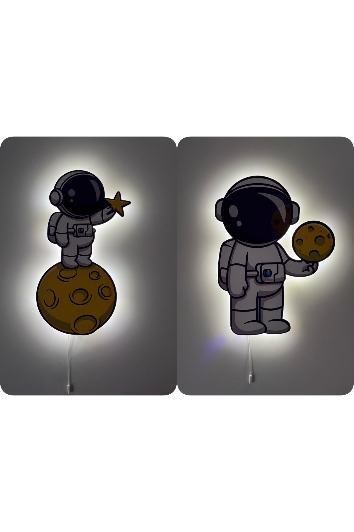 UViolets Dekoratif Baskılı Ay Yıldız Tutan Ay ile Ayakta Ay Tutan Astronot Çocuk Odası Gece Lamba (2'Lİ ÜRÜN)