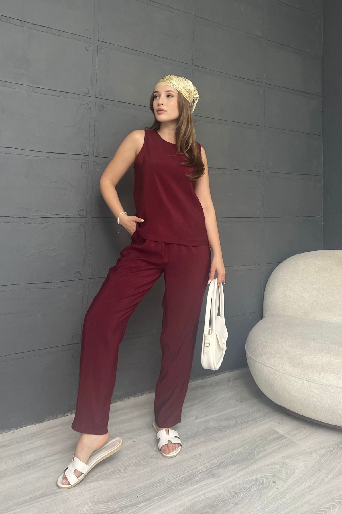 MOZENA Modal Kumaş Premium Sıfır Kol Bluz ve Pantolon Takım