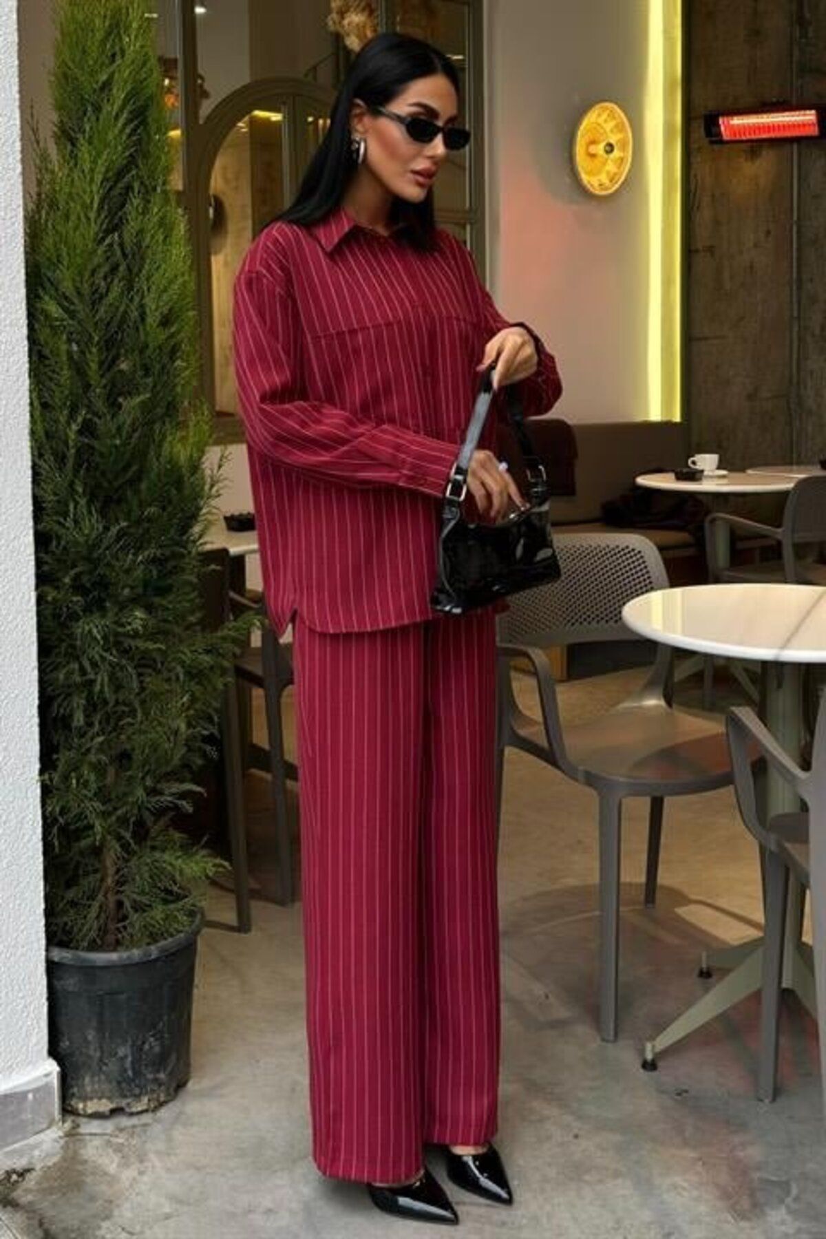 1001moda Palazzo Pantolonlu Çizgili Takım 10092