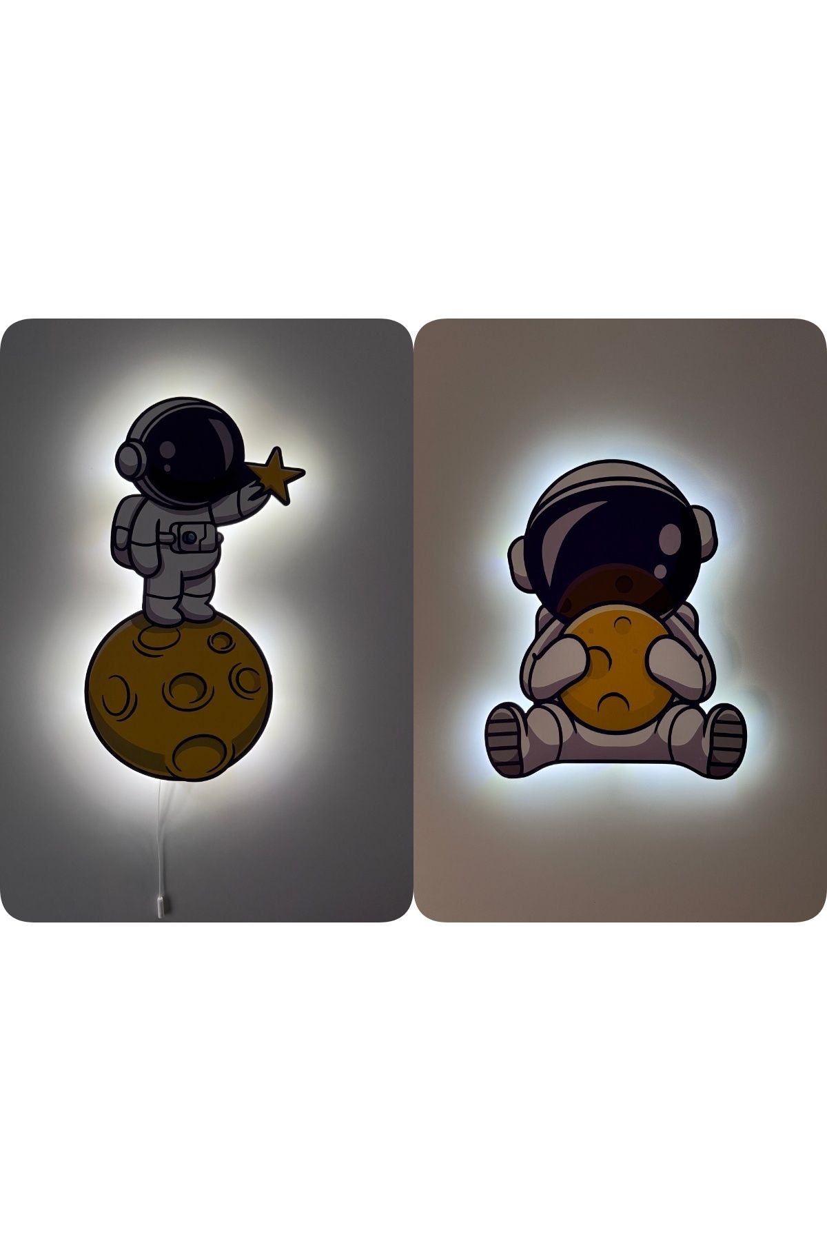 UViolets Dekoratif Ahşap Baskılı Ay Yıldız Tutan Ve Ay Tutan Astronot Çocuk Odası Gece Lamb (2'Lİ ÜRÜN)
