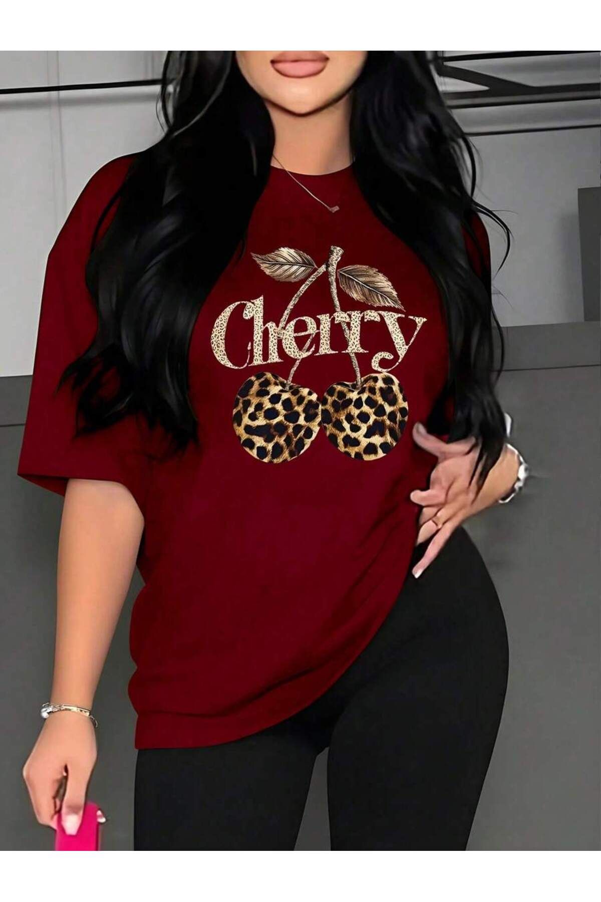 cc collection Leopar Desenli Kiraz Baskı Detaylı Kadın Oversize T-Shirt