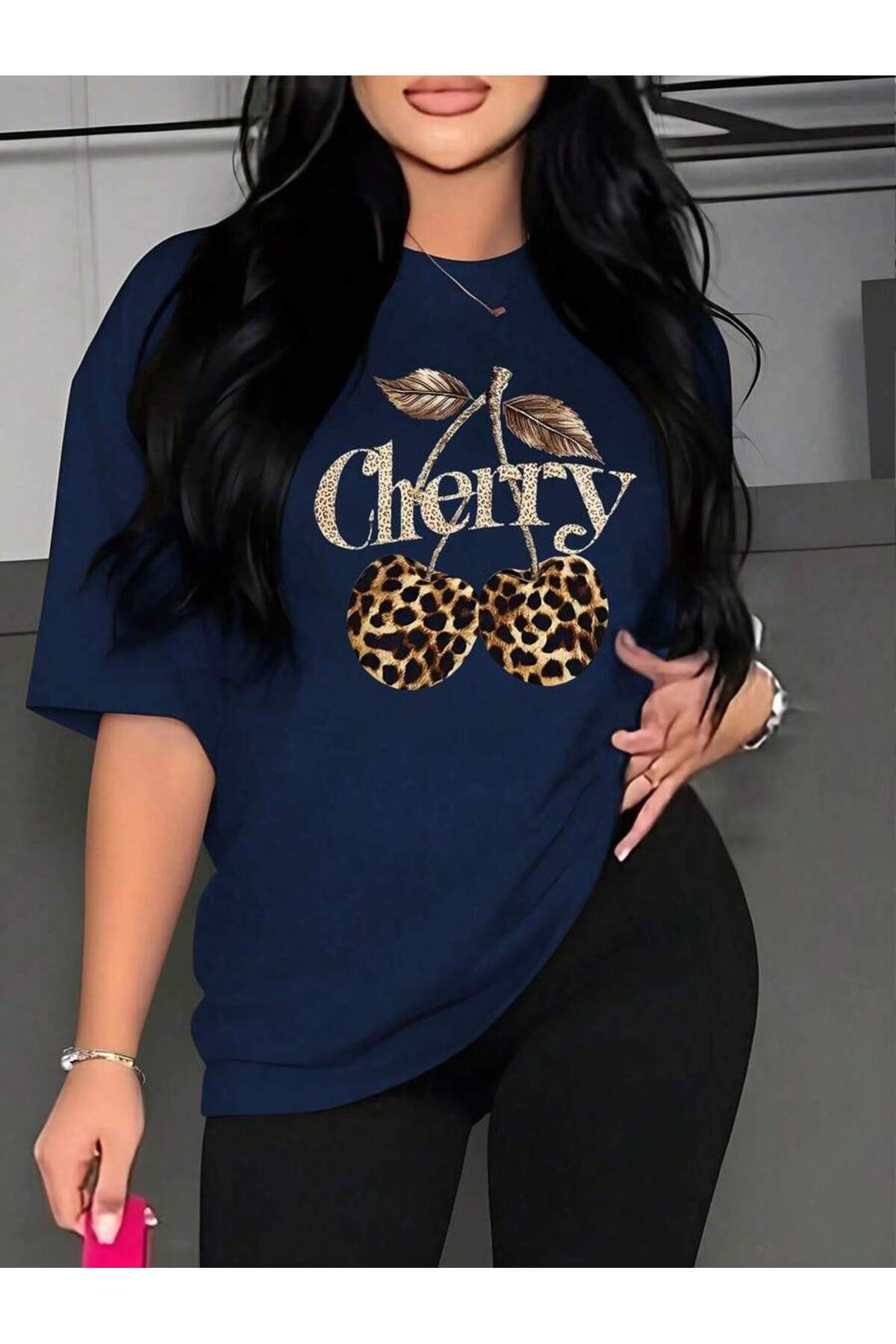 cc collection Leopar Desenli Kiraz Baskı Detaylı Kadın Oversize T-Shirt