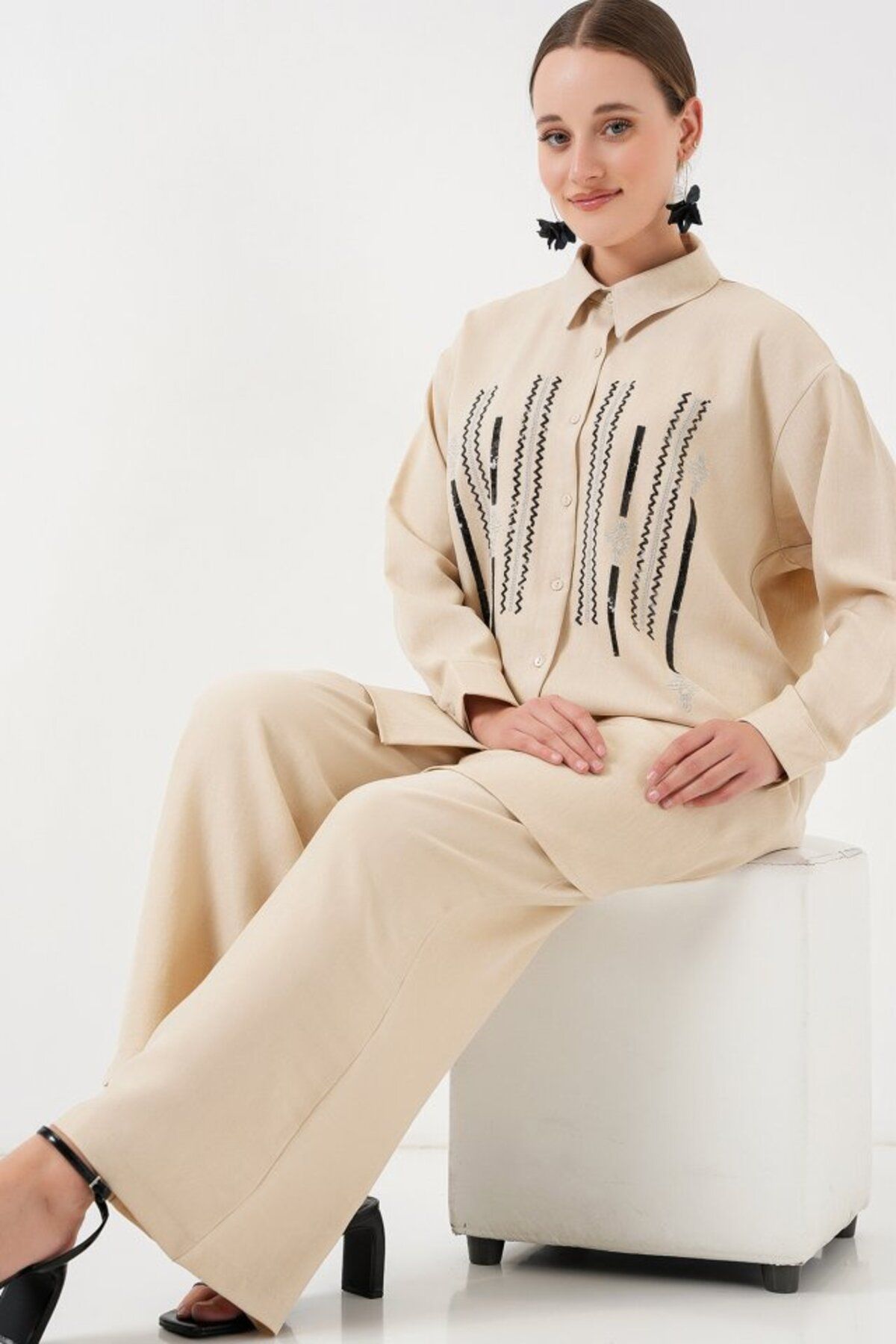 1001moda Desenli Tunik Pantolon İkili Takım 6720 - Krem