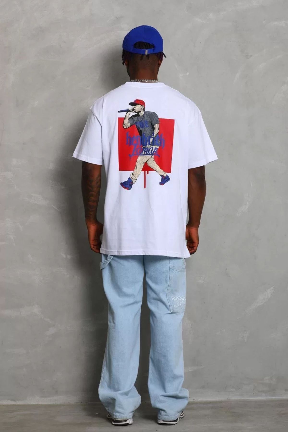 FantaziAtölyesi Unisex Oversize Baskılı Bisiklet Yaka T-Shirt - Beyaz