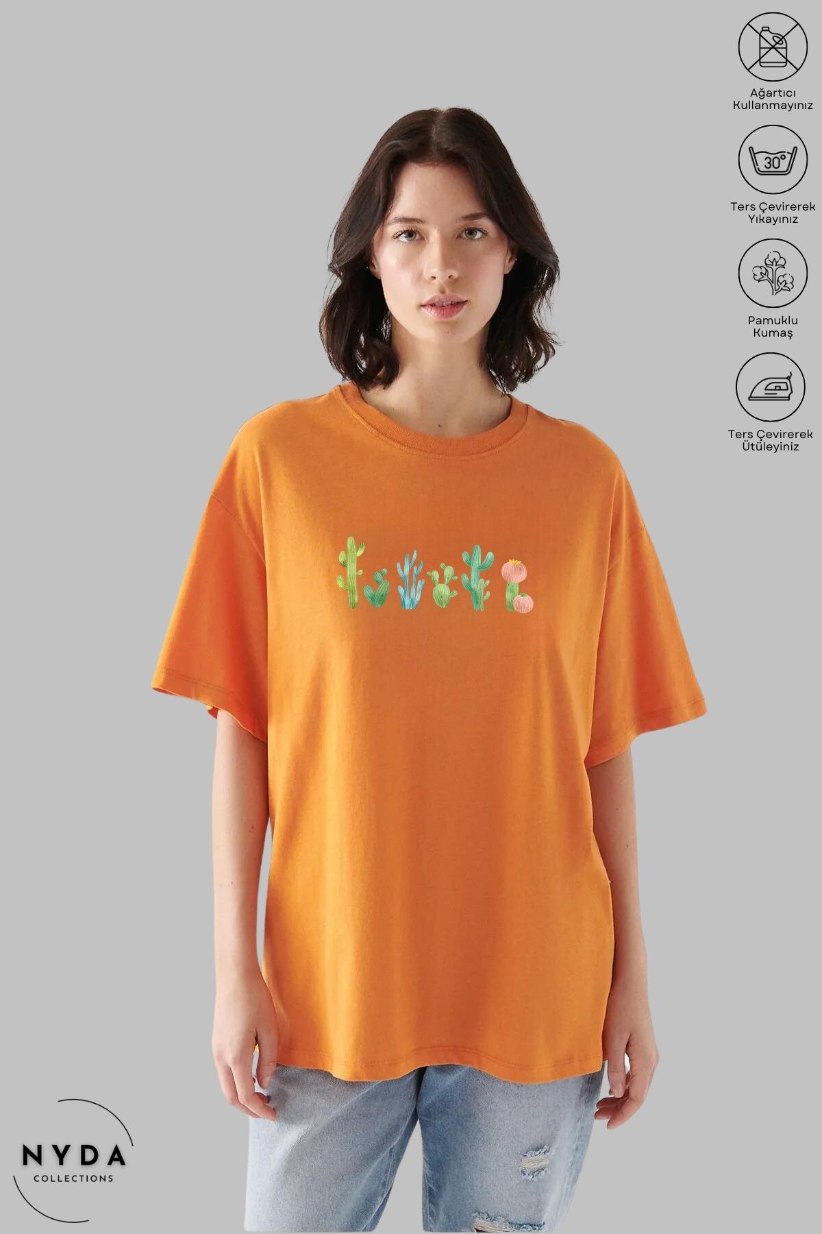 Nyda Collections Kadın Bisiklet Yaka Kaktüs Baskılı Pamuk Oversize Kısa Kollu Tişört