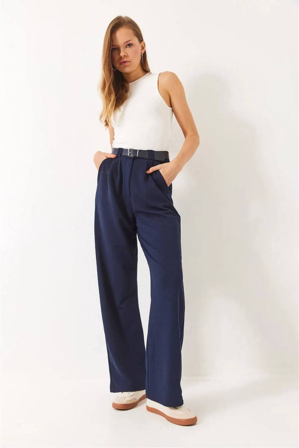 MetuCA Kadın Yüksek Bel Oversize Bol Kesim Pileli Kemerli Palazzo İthal Krep Kumaş Pantolon,