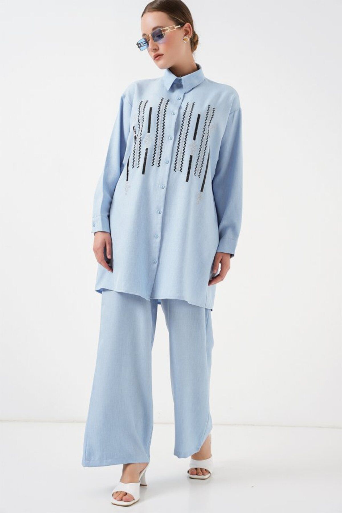 Leyaa-Patterned tunic pants double set - blue 3