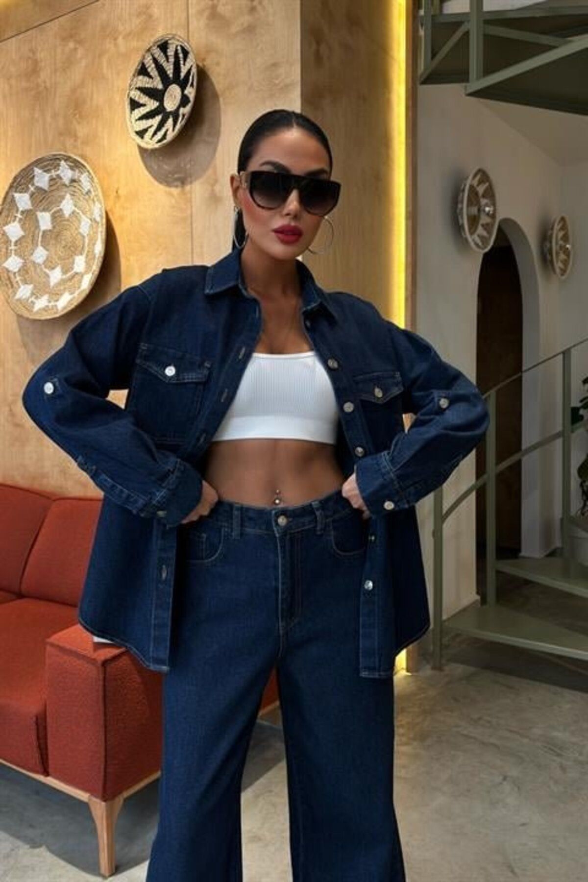 Modayakamoz Gömlek Ve Palazzo Pantolon Klasik Denim Takım 10070