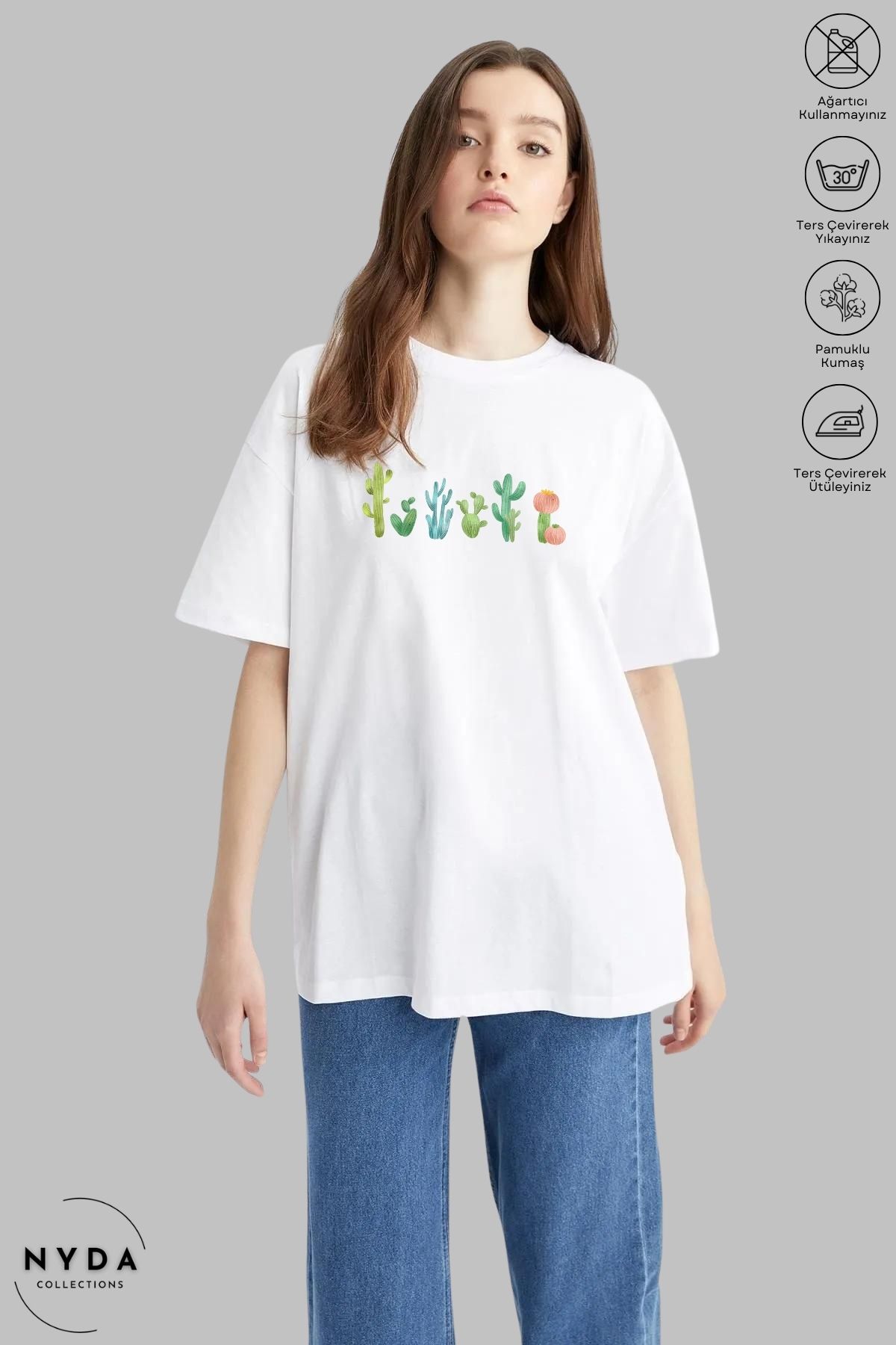 Nyda Collections Kadın Bisiklet Yaka Kaktüs Baskılı Pamuk Oversize Kısa Kollu Tişört