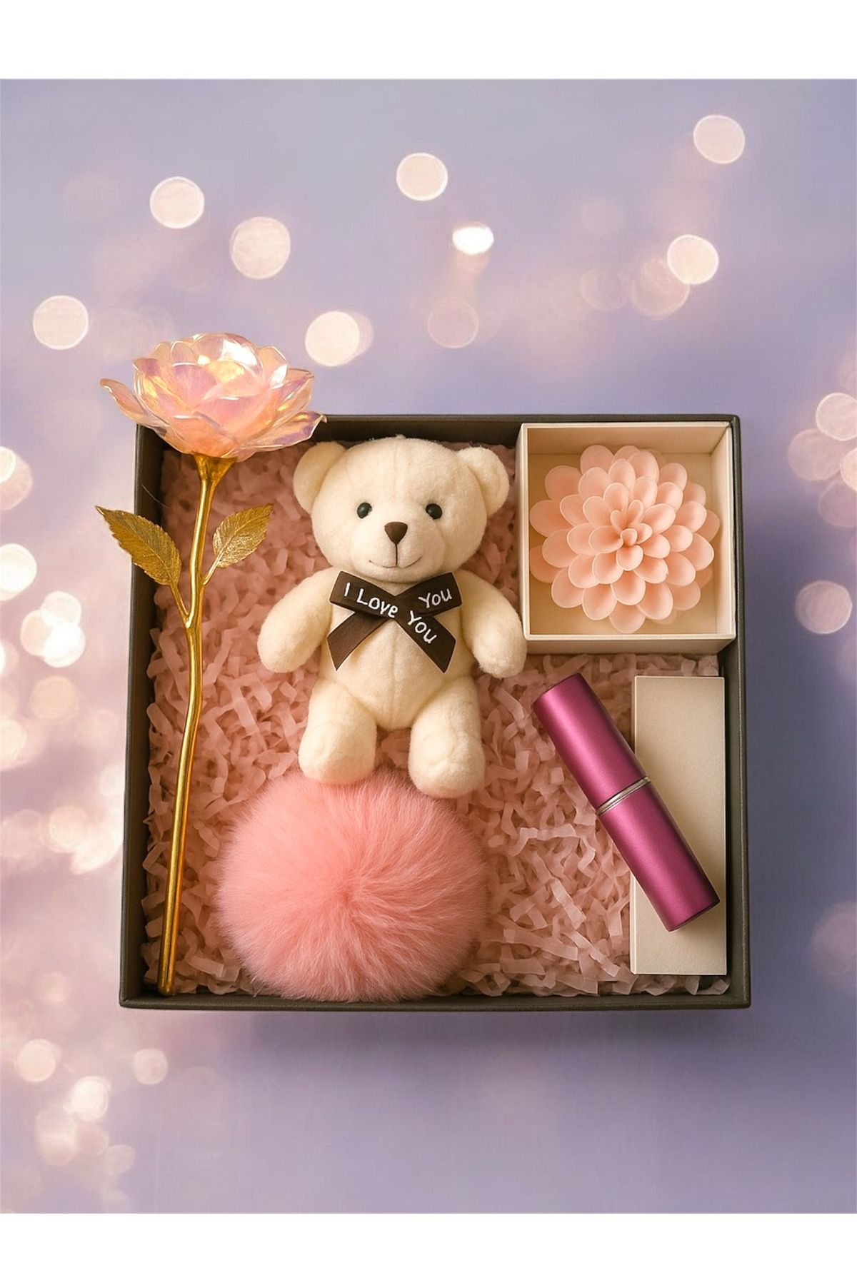 hediyebutik Kişiye Özel Sonsuzluk Gülü & Ayıcık & Ponpon Anahtarlık & Lotus Mum& Doldurulabilir Parfüm Şişesi