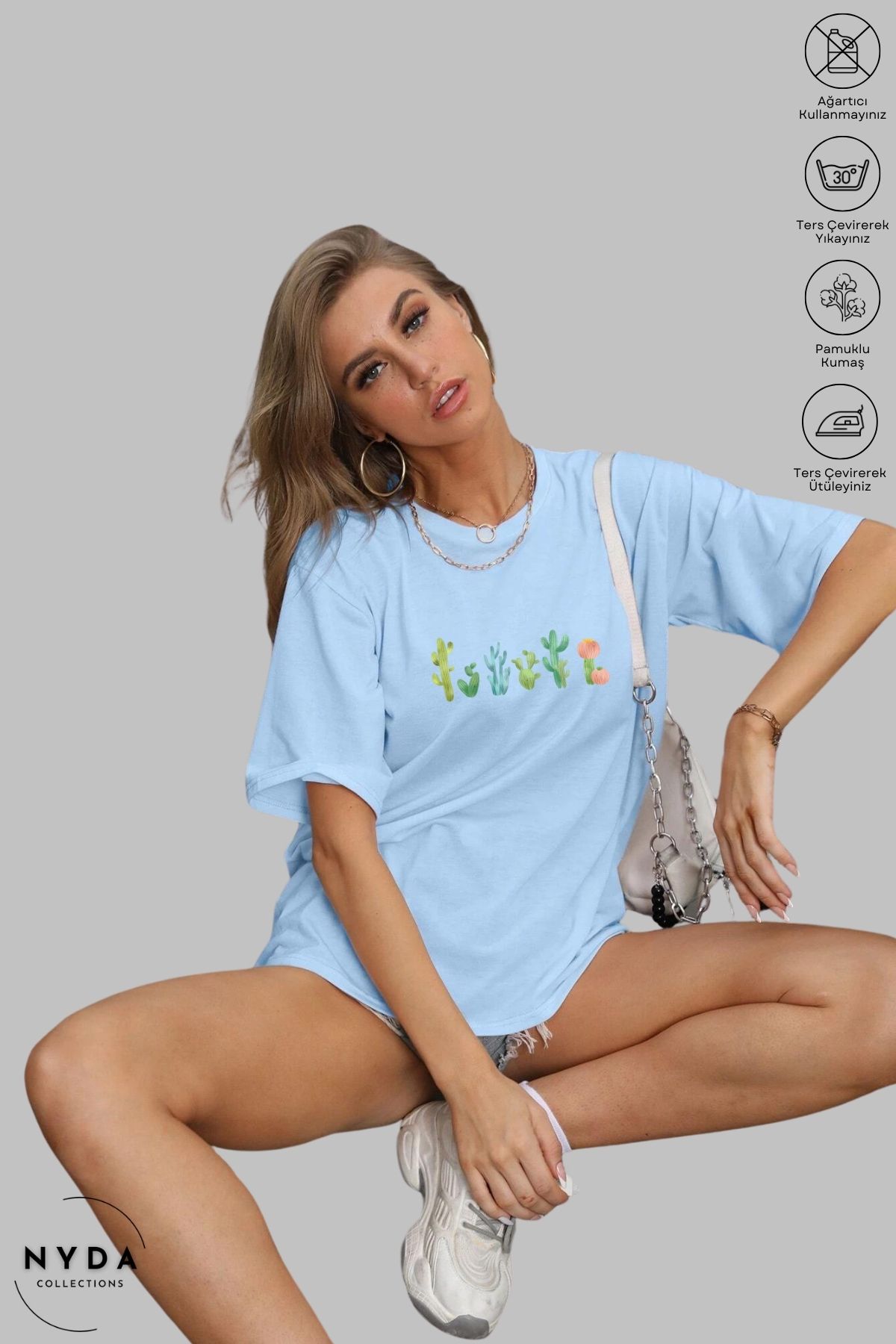 Nyda Collections Kadın Bisiklet Yaka Kaktüs Baskılı Pamuk Oversize Kısa Kollu Tişört