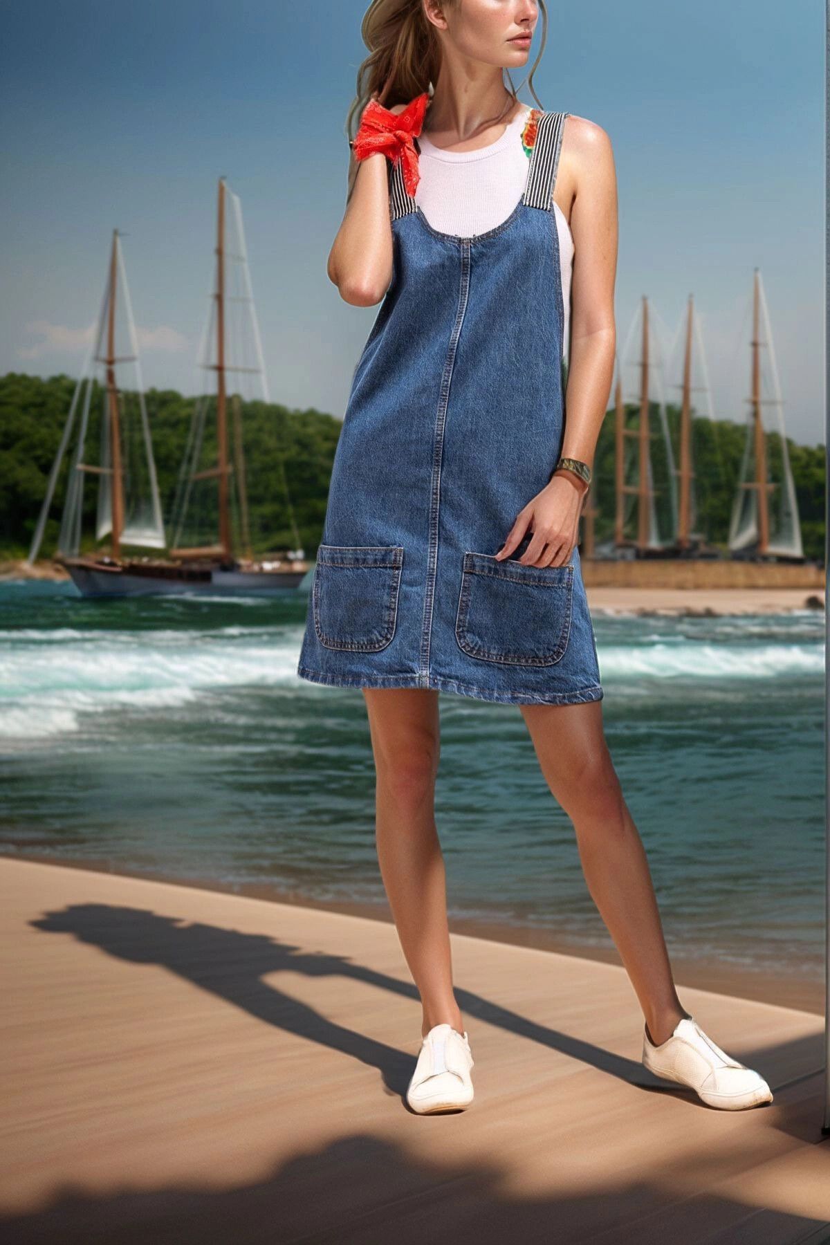 bacc Mavi Askılı Çift Cepli Denim Elbise BCBSK-25700-K6369
