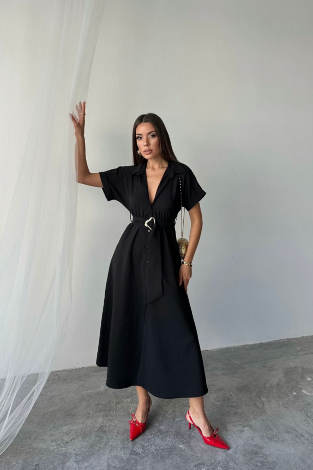 velmorafashion ÖNDEN DÜĞMELİ CRUSHLI MODAL ELBİSE - Siyah