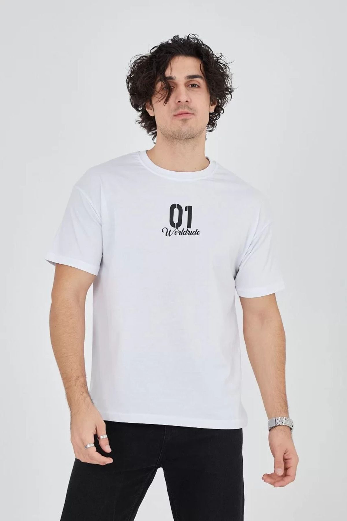 FantaziAtölyesi Erkek Bisiklet Yakalı Baskılı T-Shirt - Beyaz