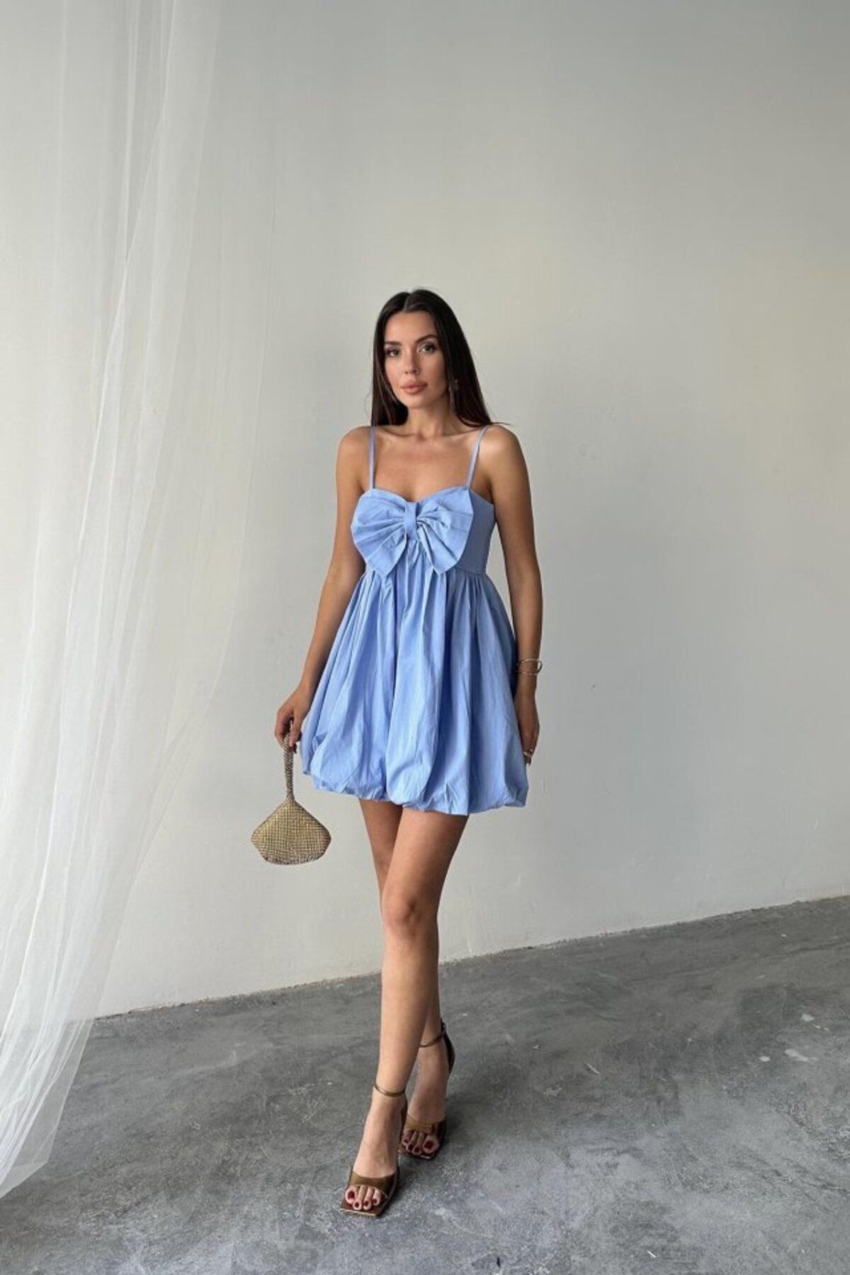 velmorafashion Mavi Önü Fiyonklu Askılı Elbise