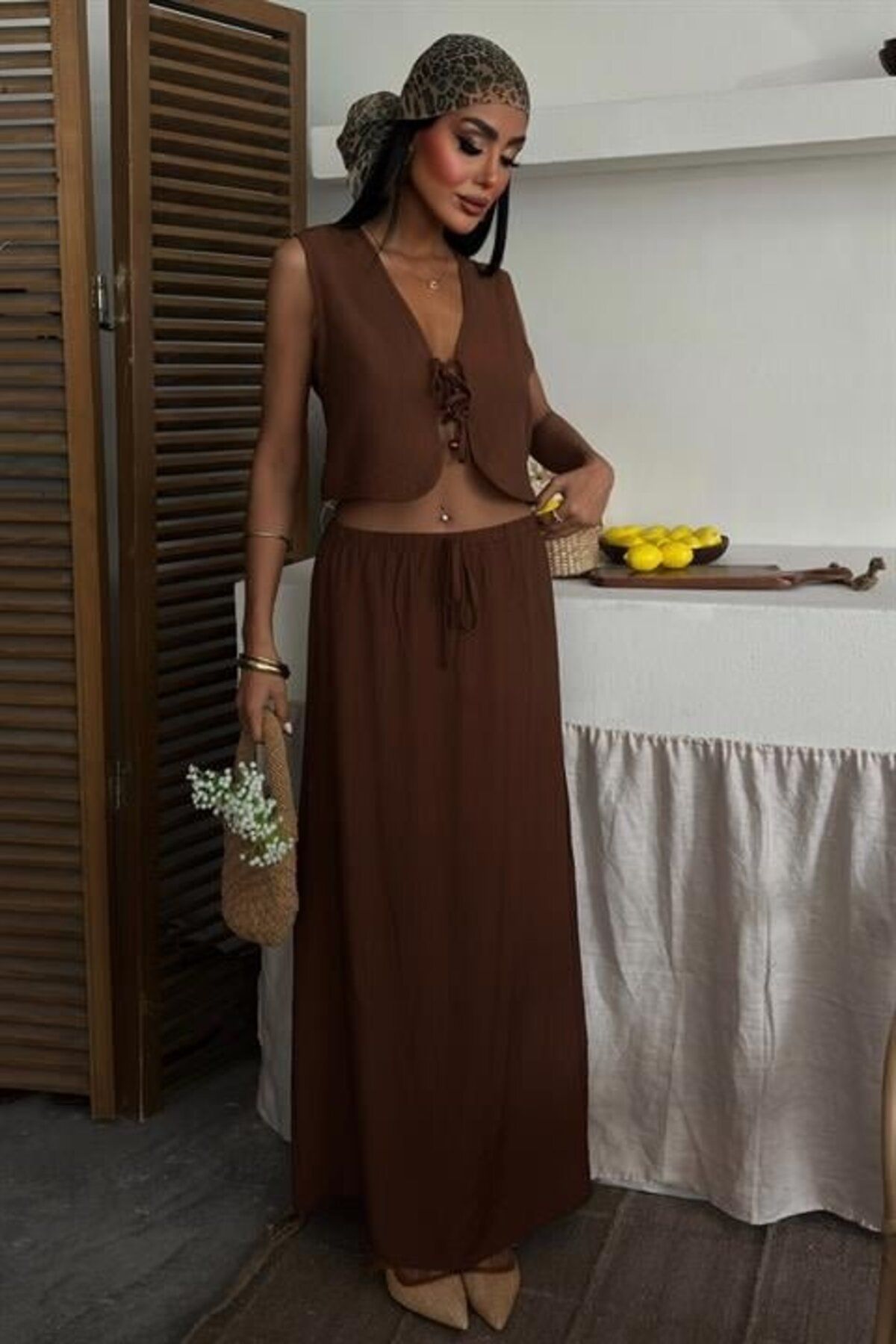 velmorafashion Yelek Önden Bağlamalı Uzun Etekli Takım 10192