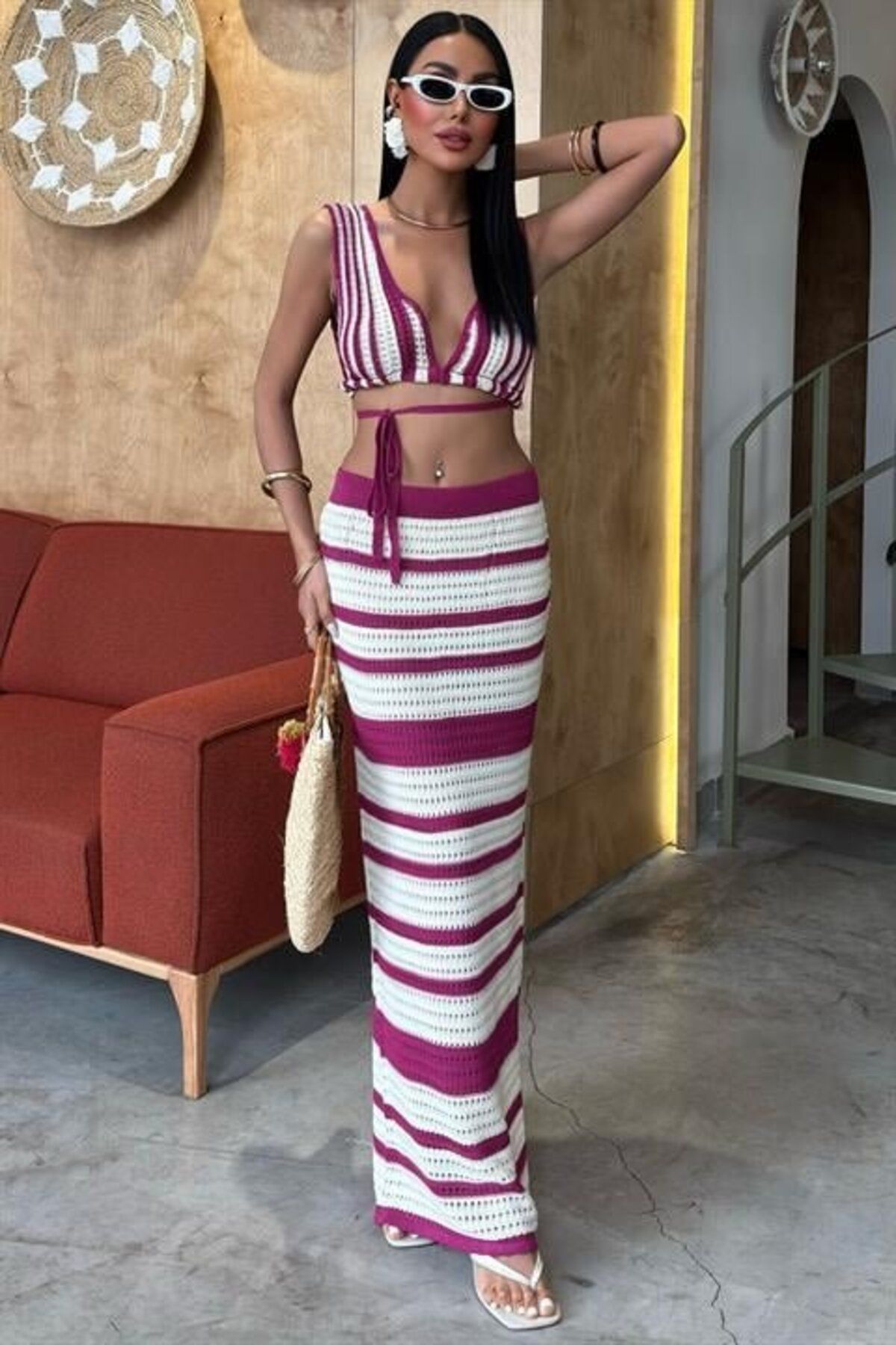 velmorafashion Çizgili Bikini Üst Ve Etek Triko Takım 10110