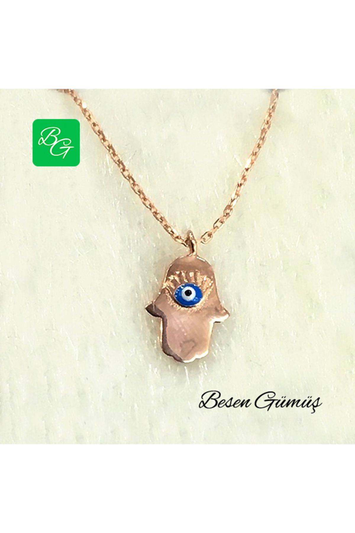 Besen Gümüş Rose Mineli Nazar Boncuklu Fatmanın Eli Kolye
