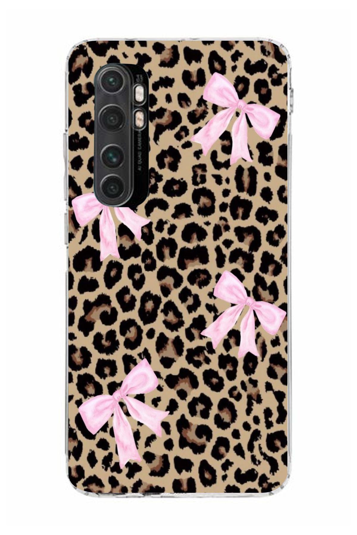 moonset Xiaomi Mi Note 10 Lite Uyumlu Leopar ve Fiyonk Tasarımlı Baskılı Şeffaf Telefon Kılıfı