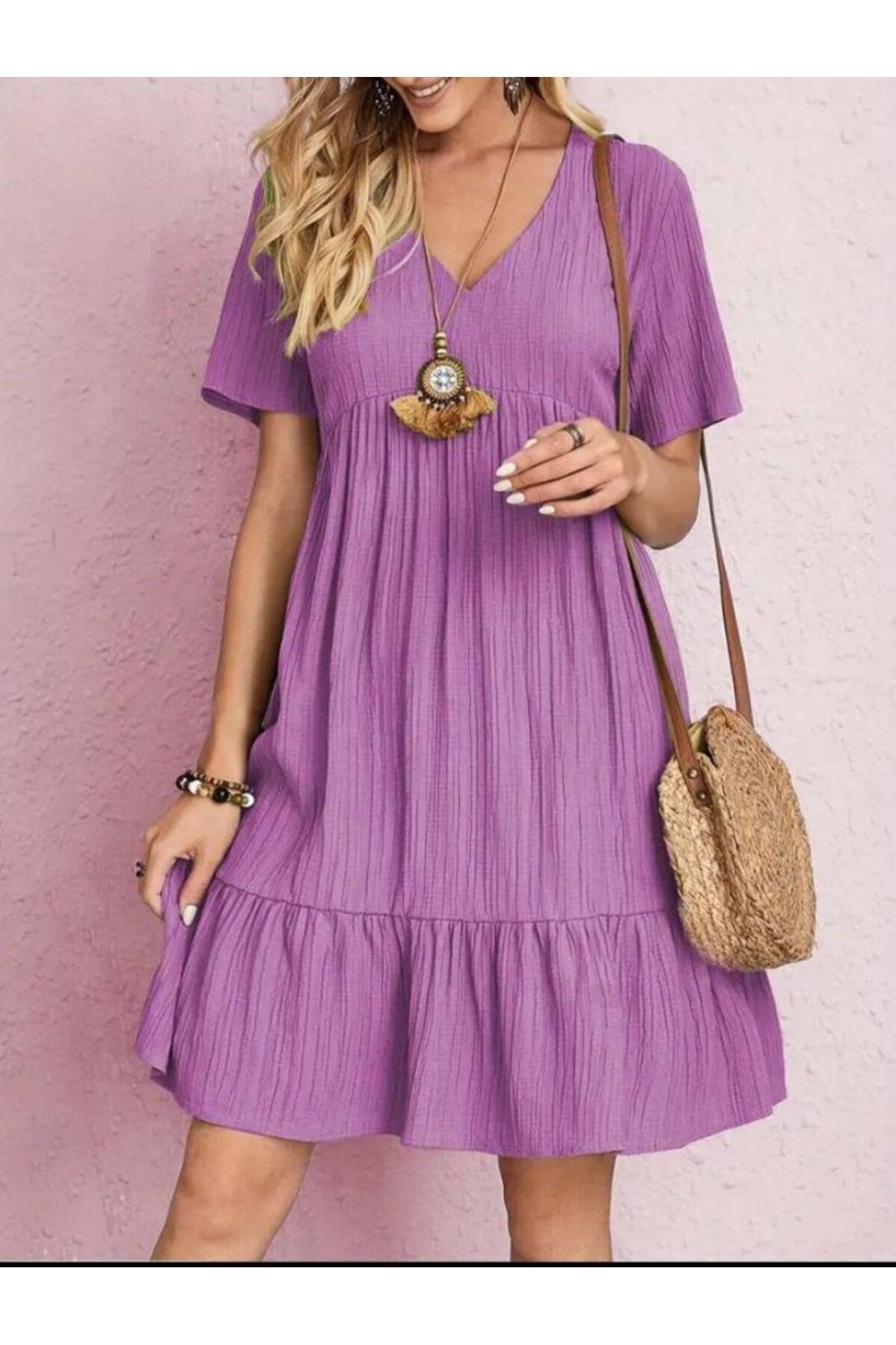 velmorafashion Kadın V Yaka, Fırfırlı Bürümcük Kumaş Elbise