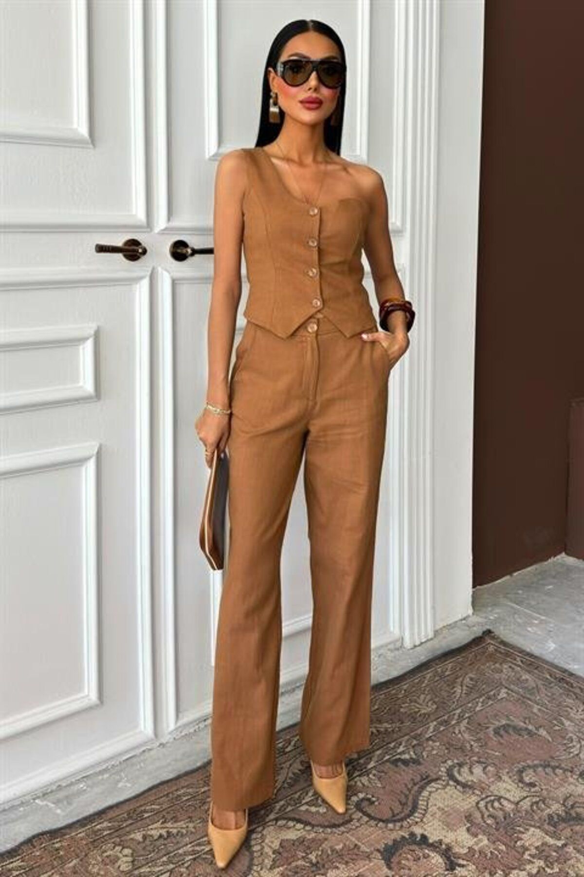 velmorafashion Tek Omuz Büstiyer Plazzo Pantolon Viscon Takım 10159
