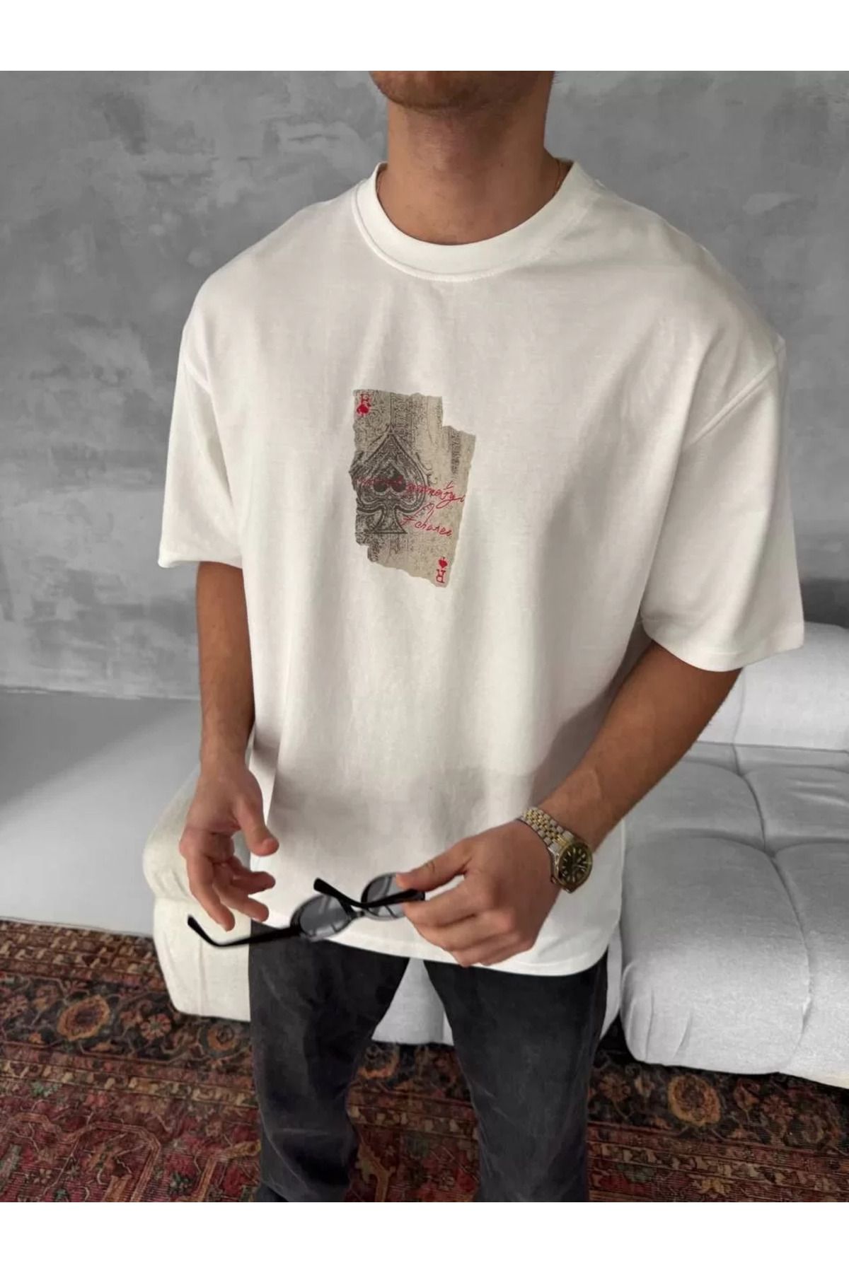 FantaziAtölyesi Ön ve Arka Baskılı Oversize Bisiklet Yaka T-shirt - Beyaz