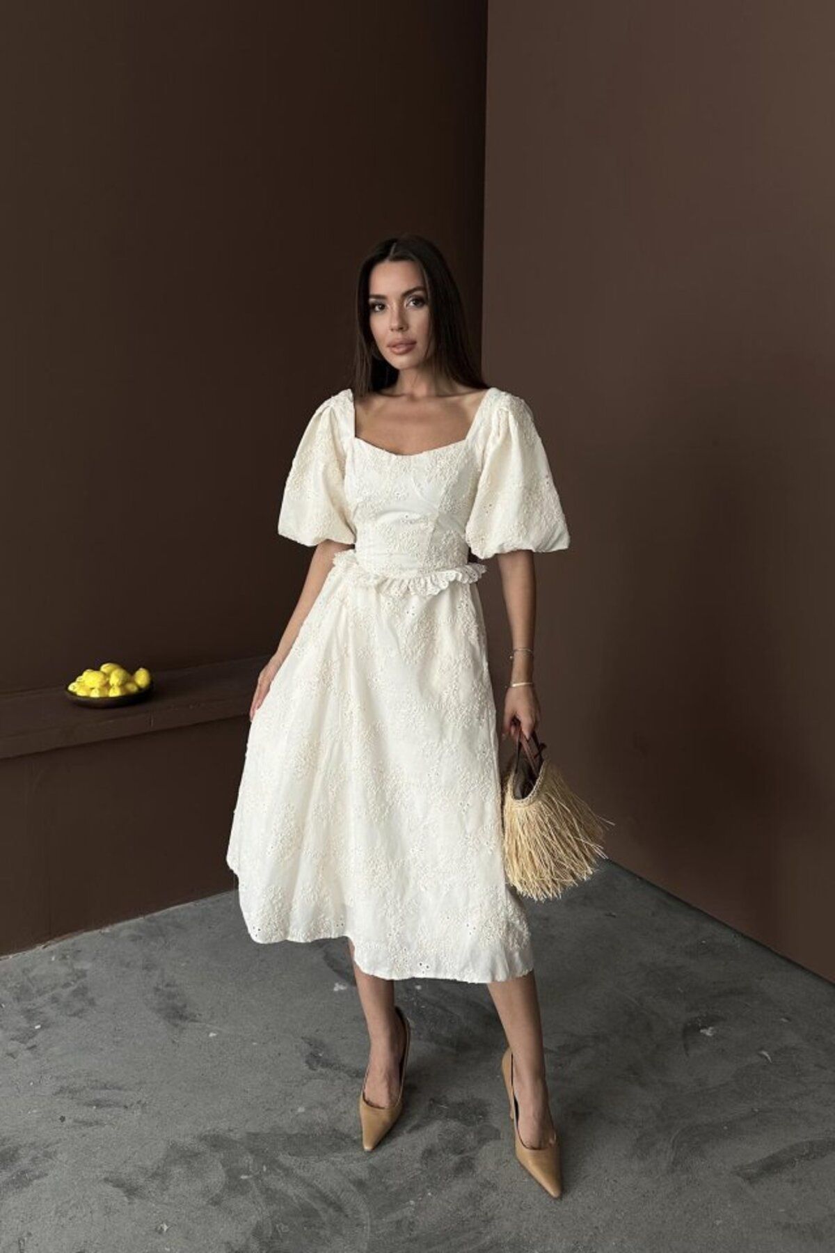 velmorafashion Beyaz Balon Kollu Dantelli Brode Elbise